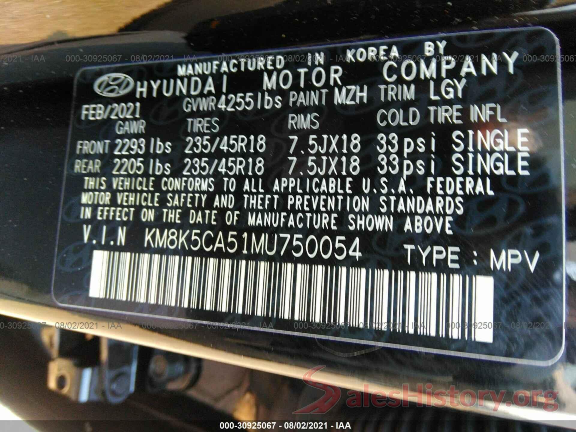 KM8K5CA51MU750054 2021 HYUNDAI KONA