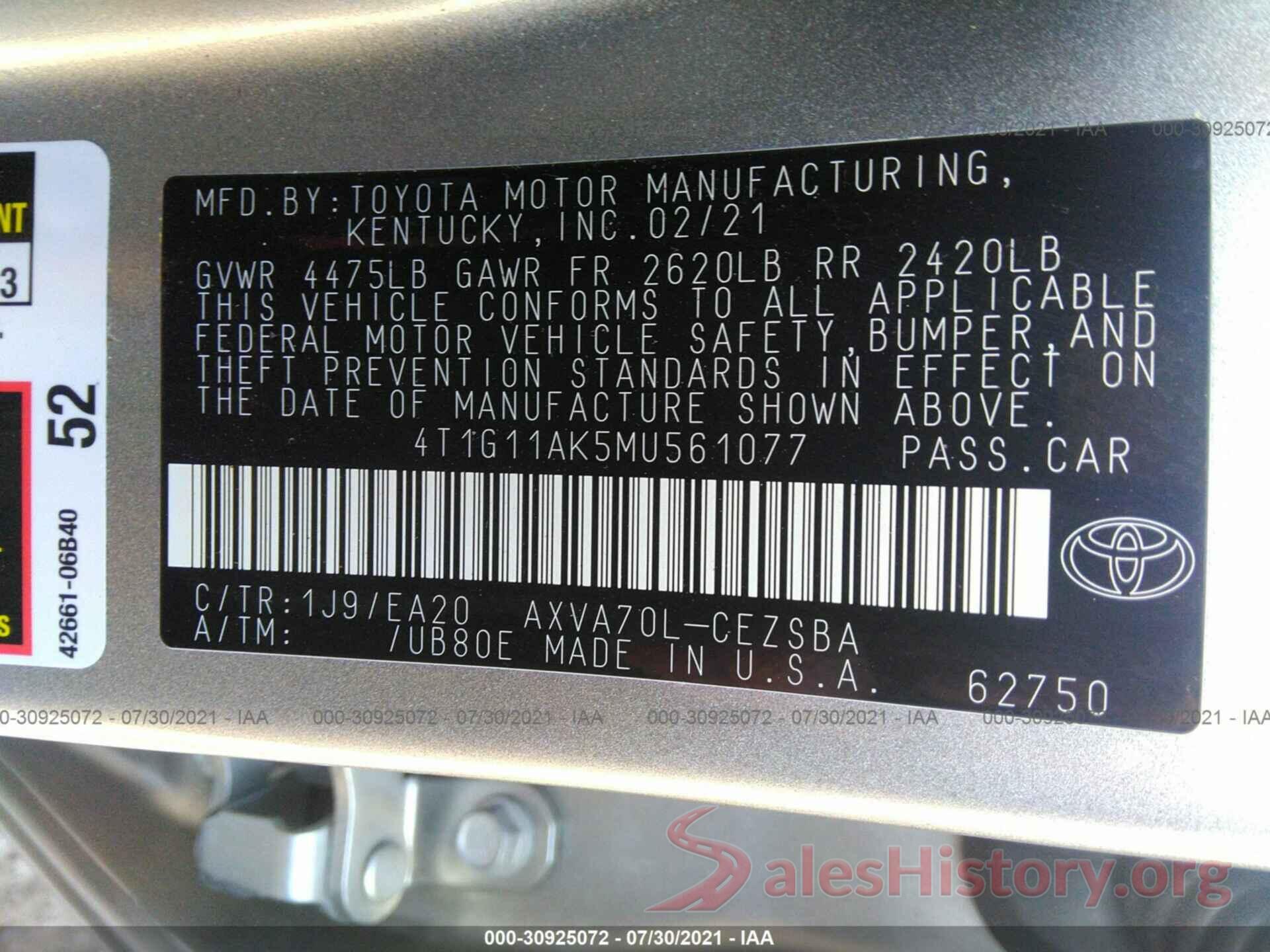 4T1G11AK5MU561077 2021 TOYOTA CAMRY