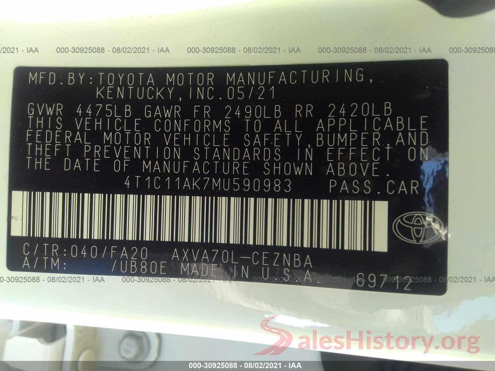 4T1C11AK7MU590983 2021 TOYOTA CAMRY