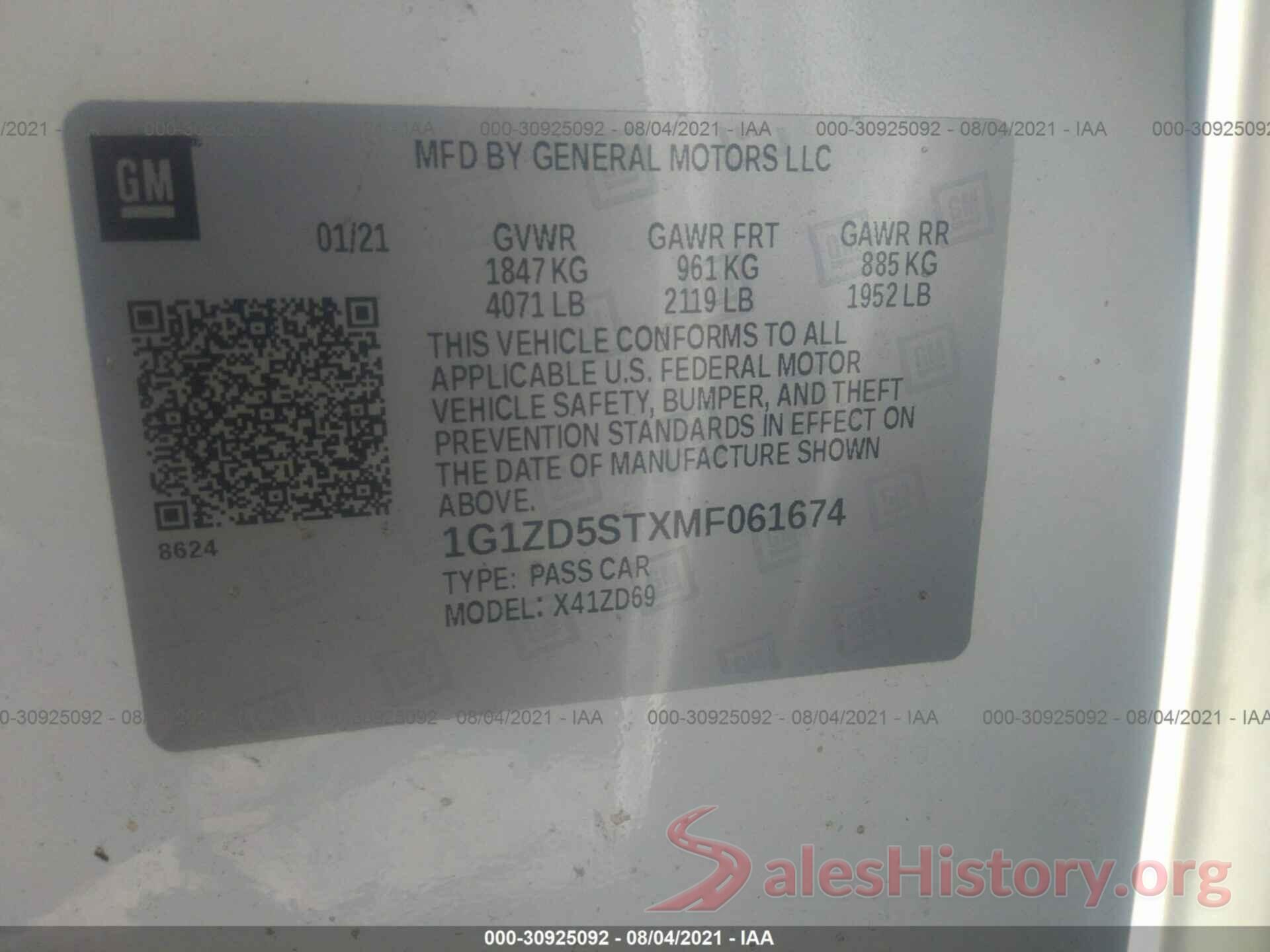 1G1ZD5STXMF061674 2021 CHEVROLET MALIBU