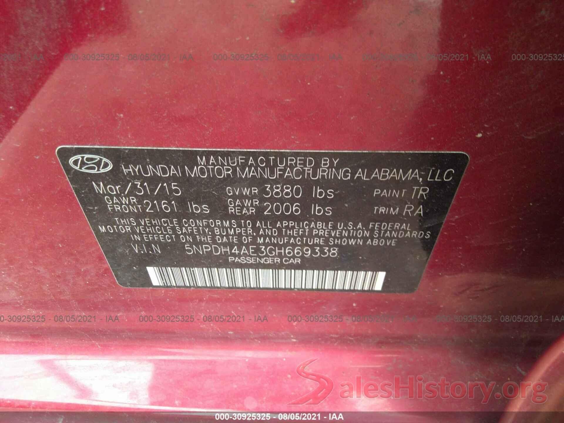 5NPDH4AE3GH669338 2016 HYUNDAI ELANTRA