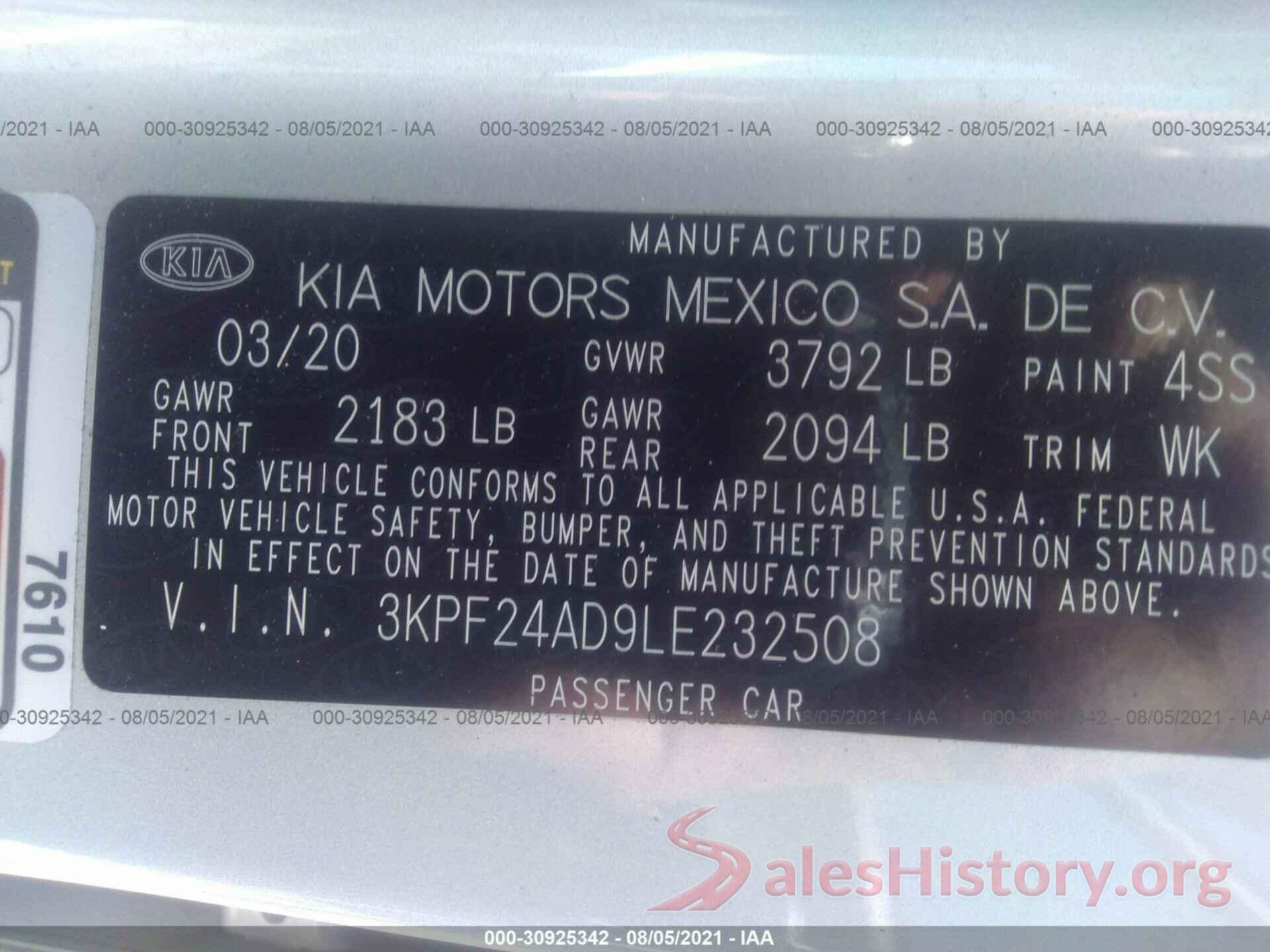 3KPF24AD9LE232508 2020 KIA FORTE