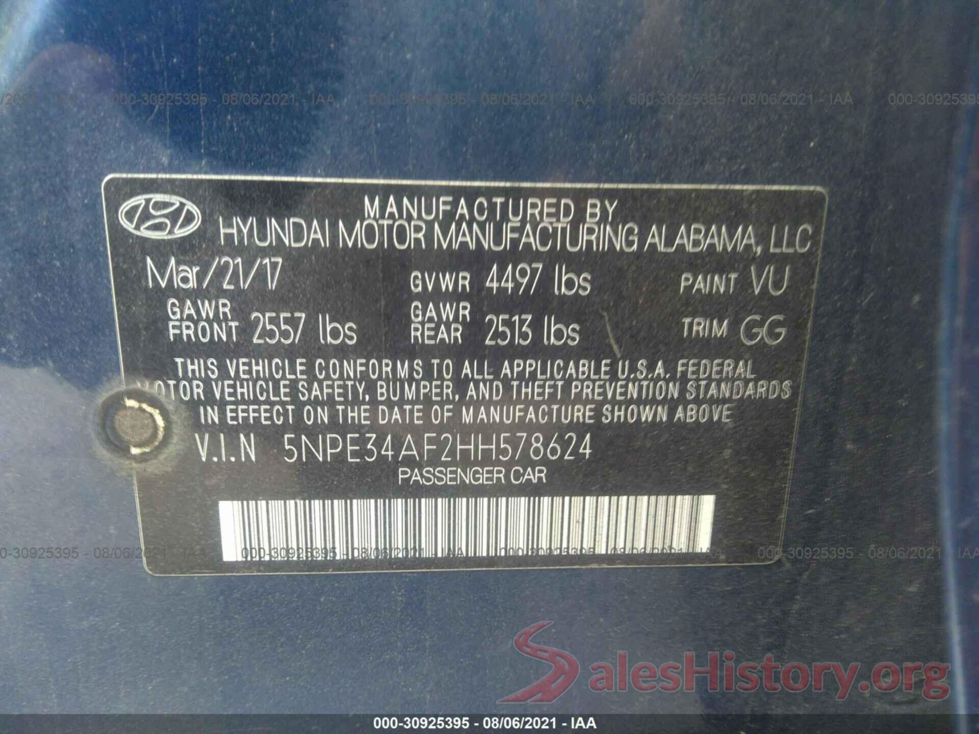 5NPE34AF2HH578624 2017 HYUNDAI SONATA