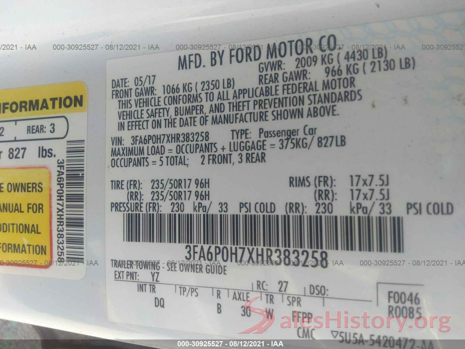 3FA6P0H7XHR383258 2017 FORD FUSION