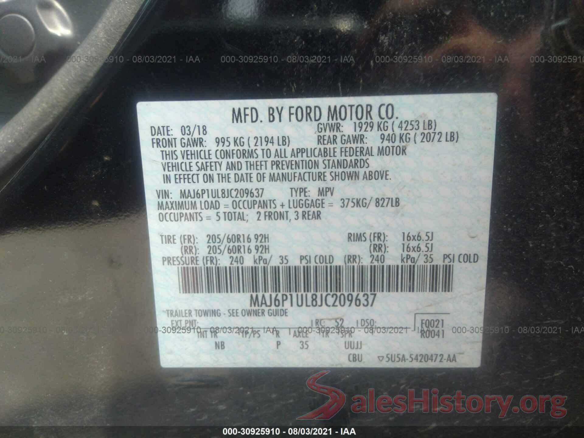 MAJ6P1UL8JC209637 2018 FORD ECOSPORT