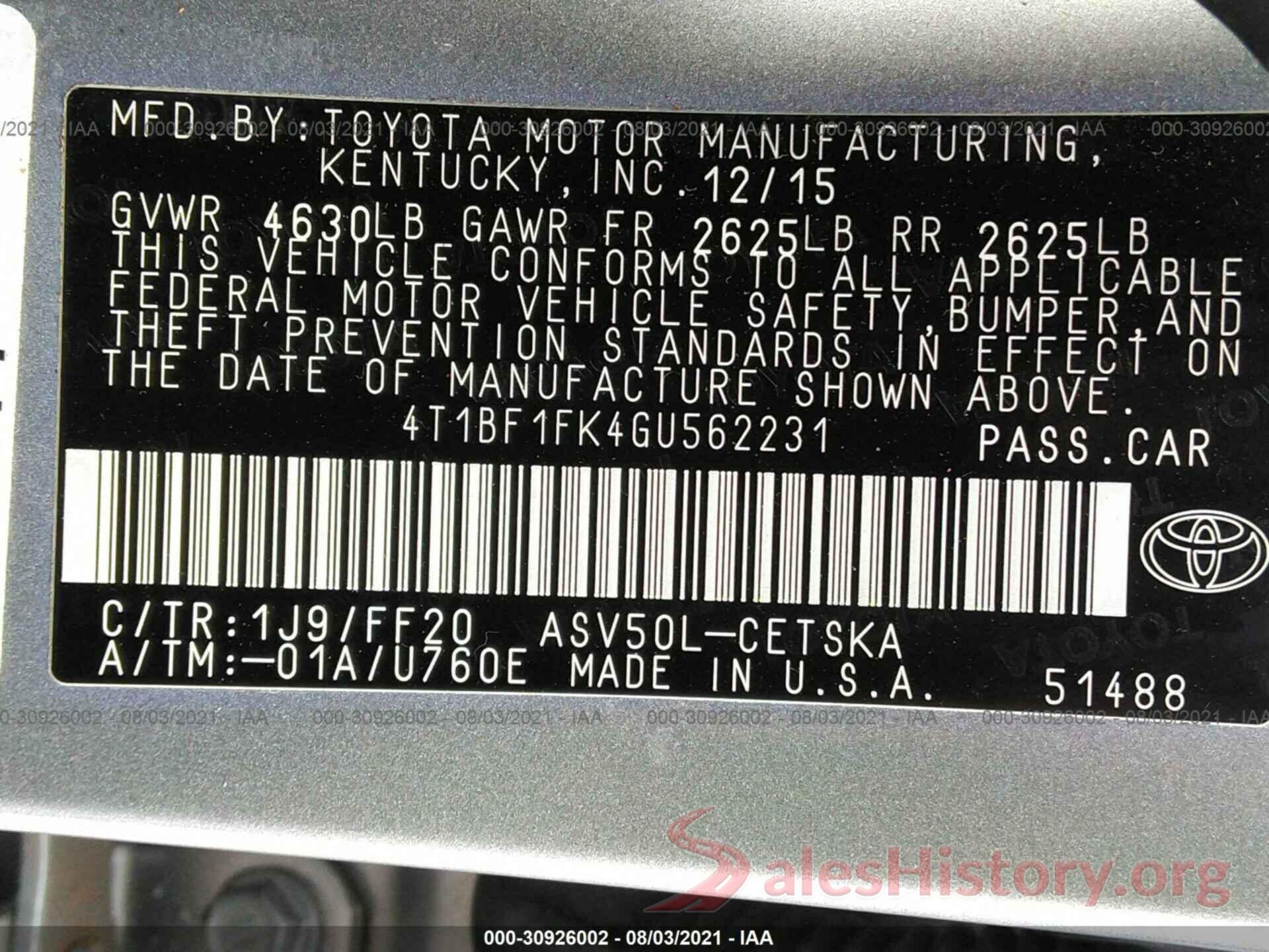 4T1BF1FK4GU562231 2016 TOYOTA CAMRY