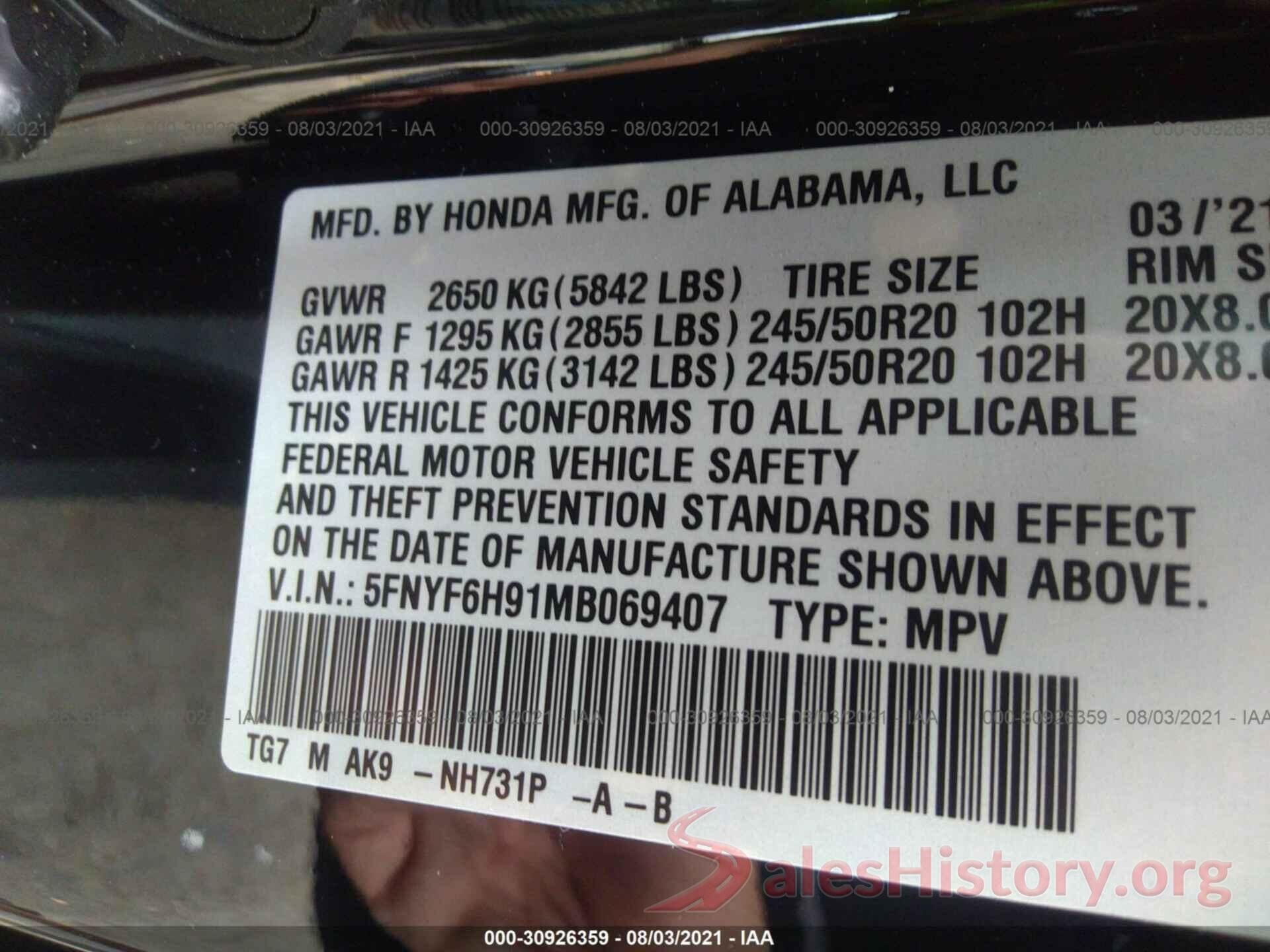 5FNYF6H91MB069407 2021 HONDA PILOT