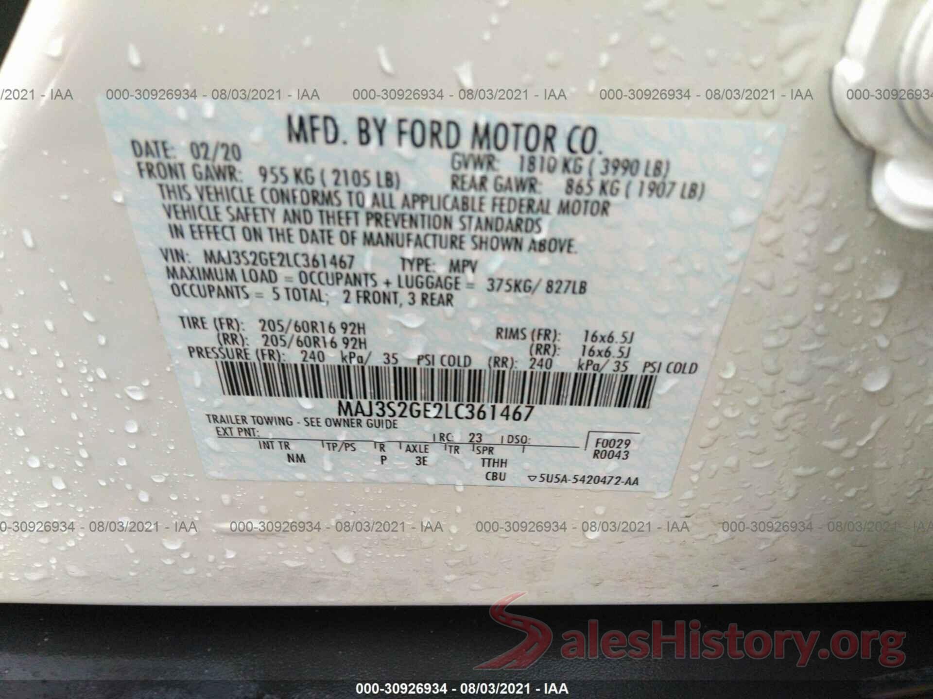 MAJ3S2GE2LC361467 2020 FORD ECOSPORT