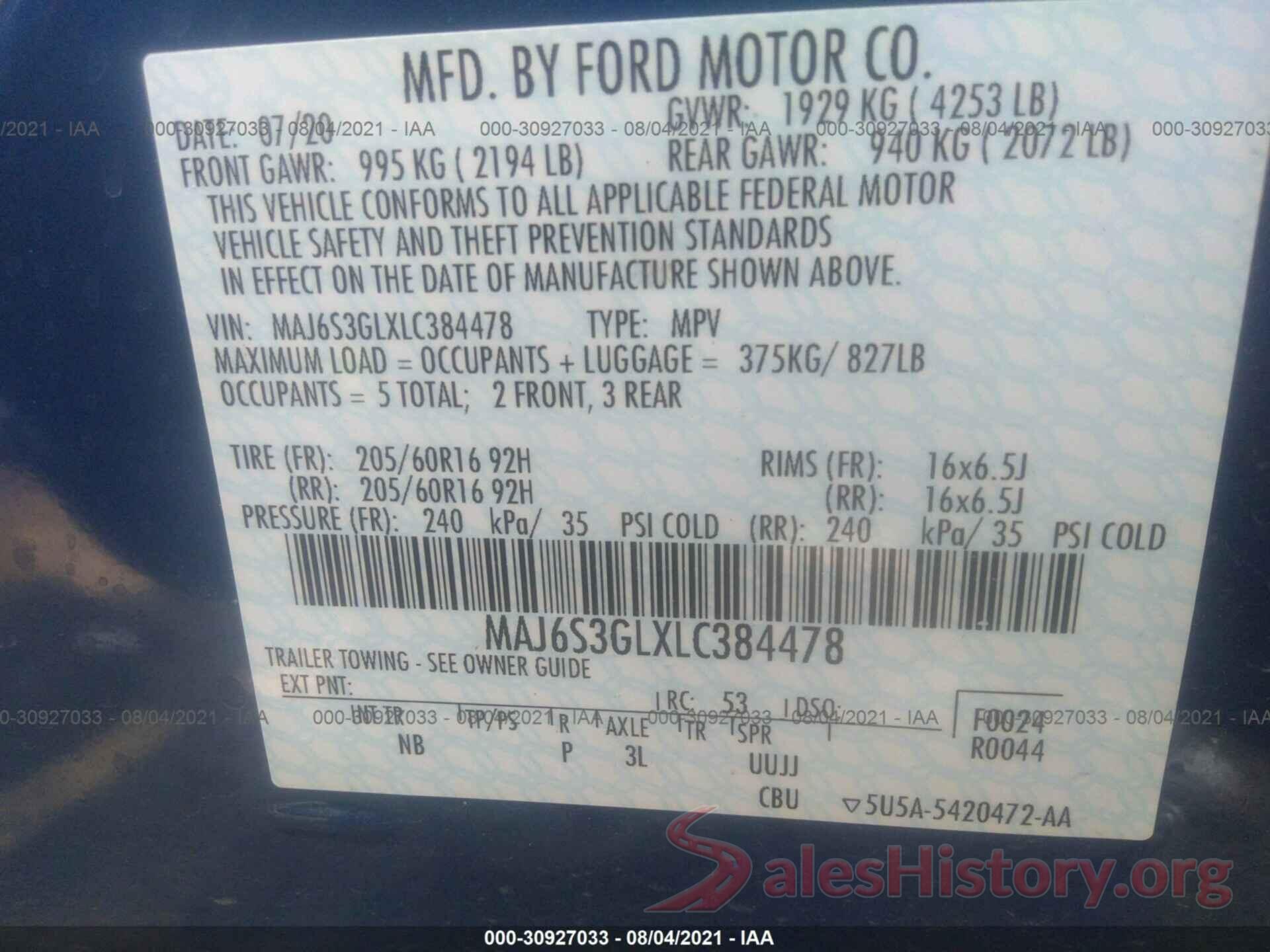 MAJ6S3GLXLC384478 2020 FORD ECOSPORT