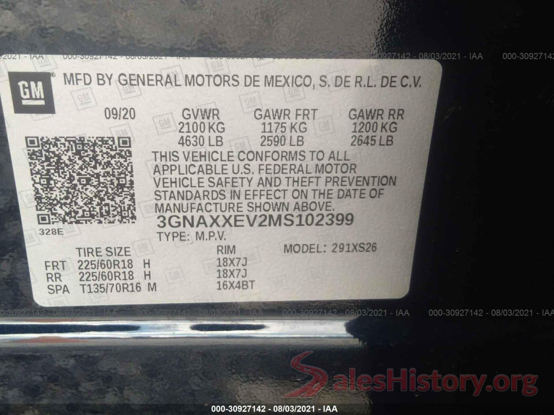 3GNAXXEV2MS102399 2021 CHEVROLET EQUINOX