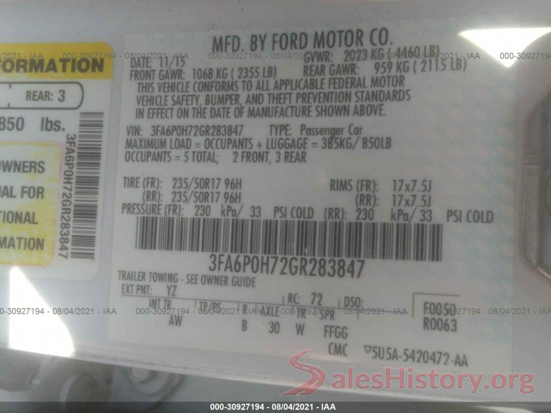 3FA6P0H72GR283847 2016 FORD FUSION