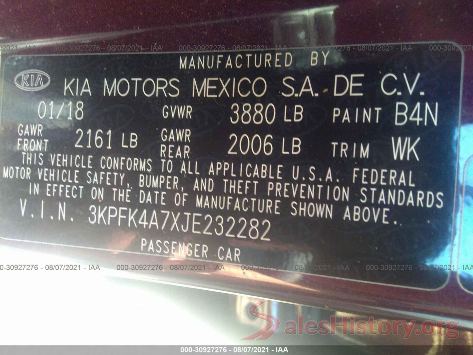 3KPFK4A7XJE232282 2018 KIA FORTE