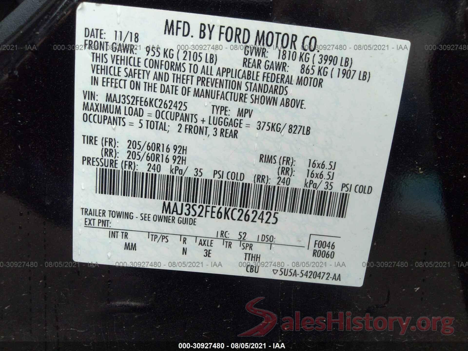 MAJ3S2FE6KC262425 2019 FORD ECOSPORT