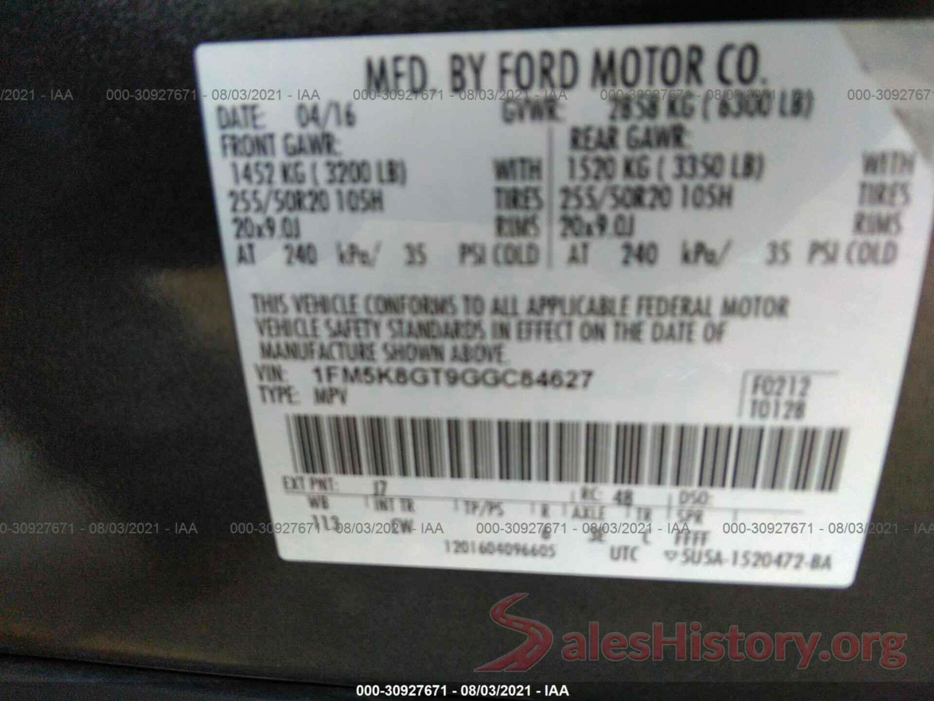 1FM5K8GT9GGC84627 2016 FORD EXPLORER