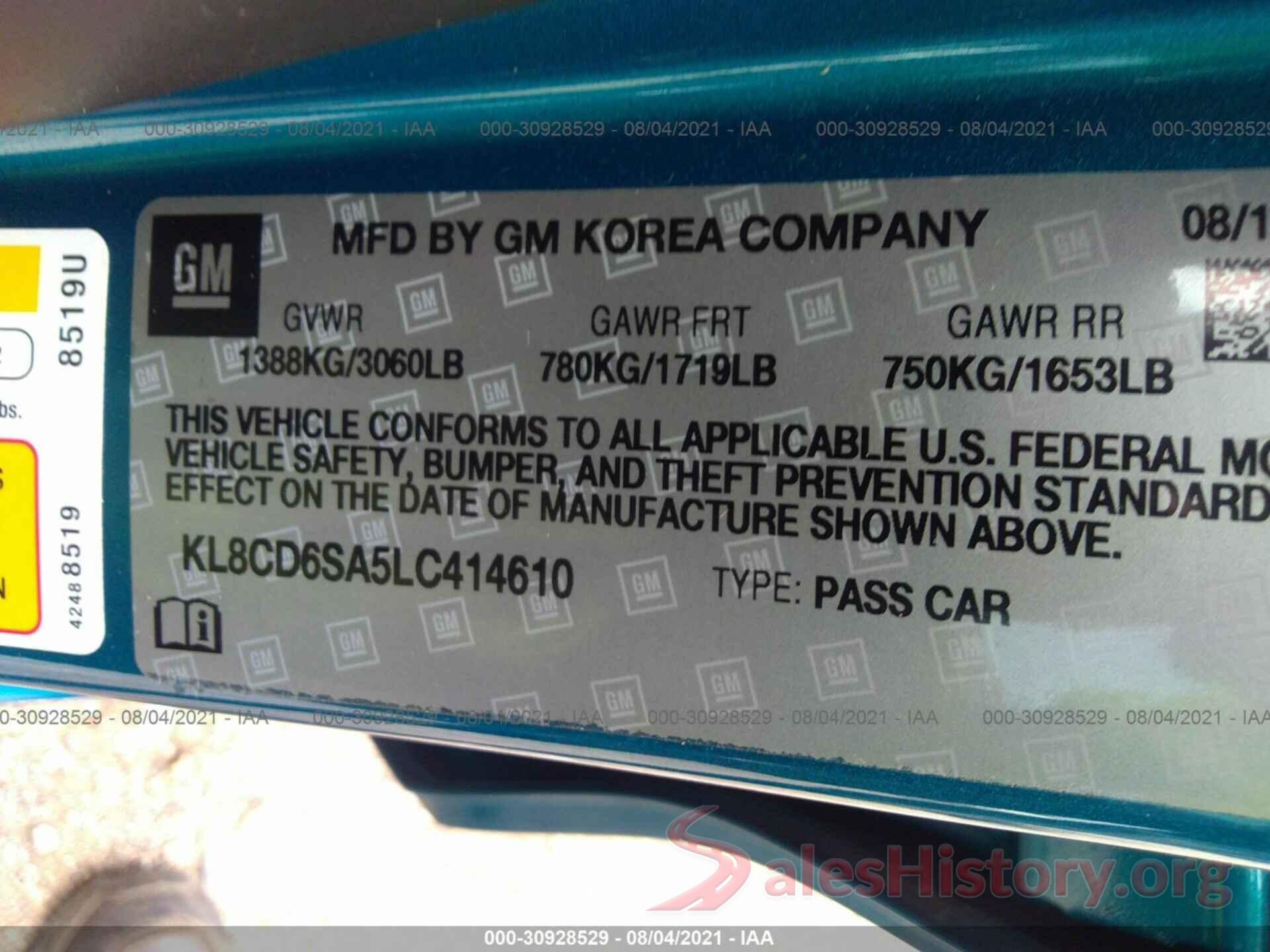 KL8CD6SA5LC414610 2020 CHEVROLET SPARK