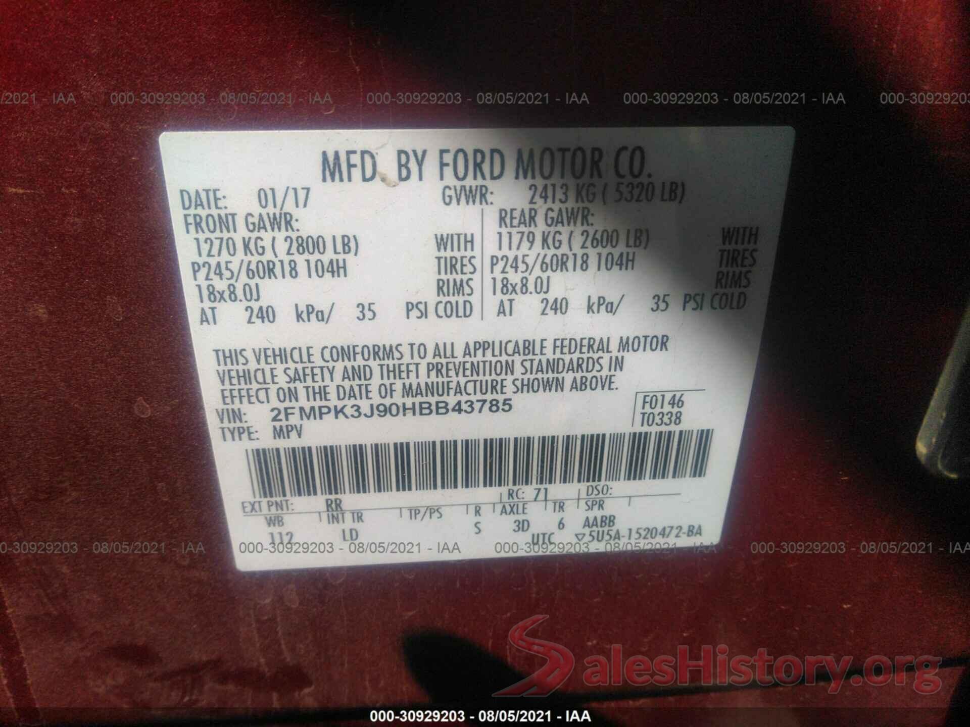 2FMPK3J90HBB43785 2017 FORD EDGE