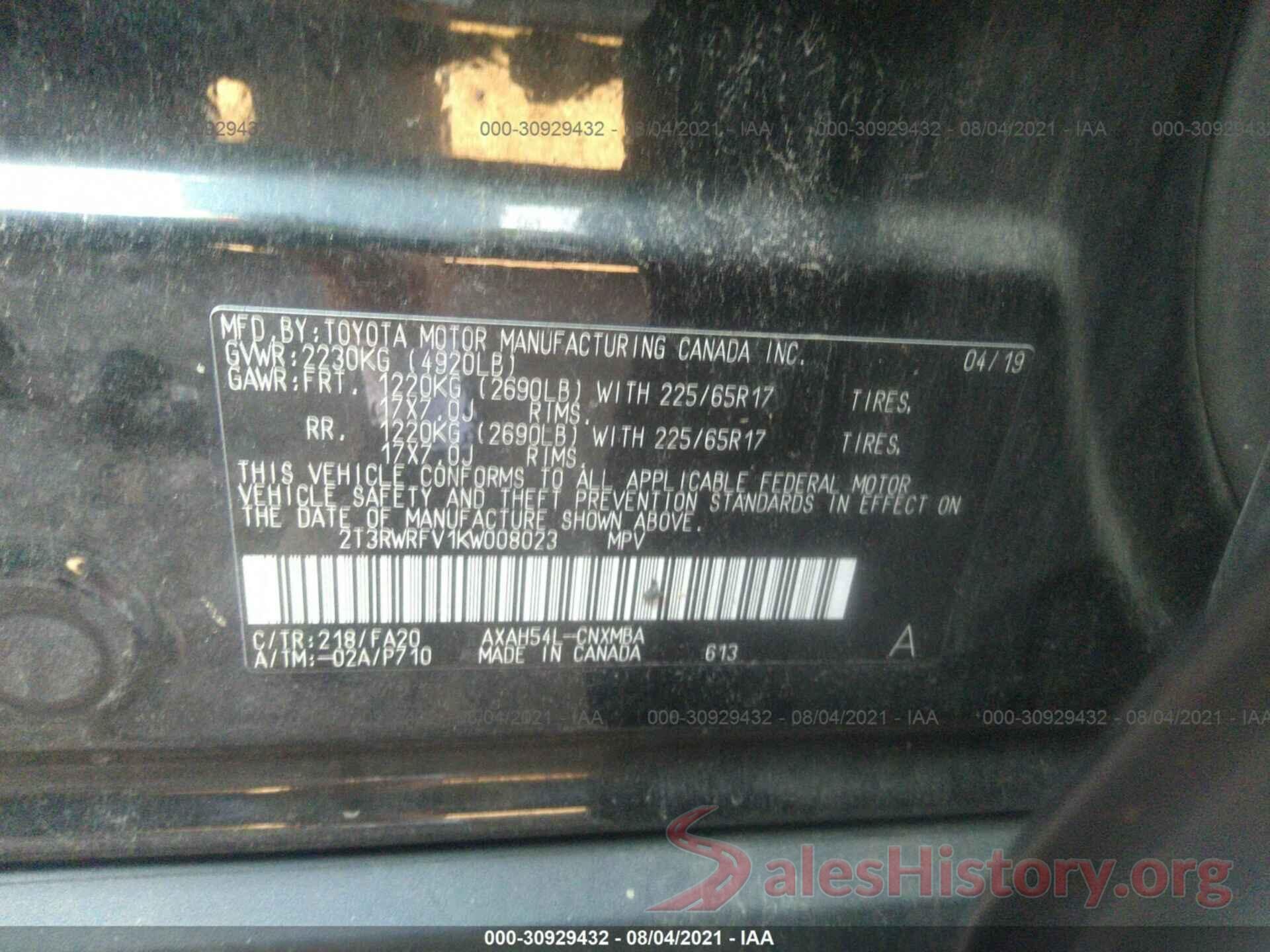 2T3RWRFV1KW008023 2019 TOYOTA RAV4