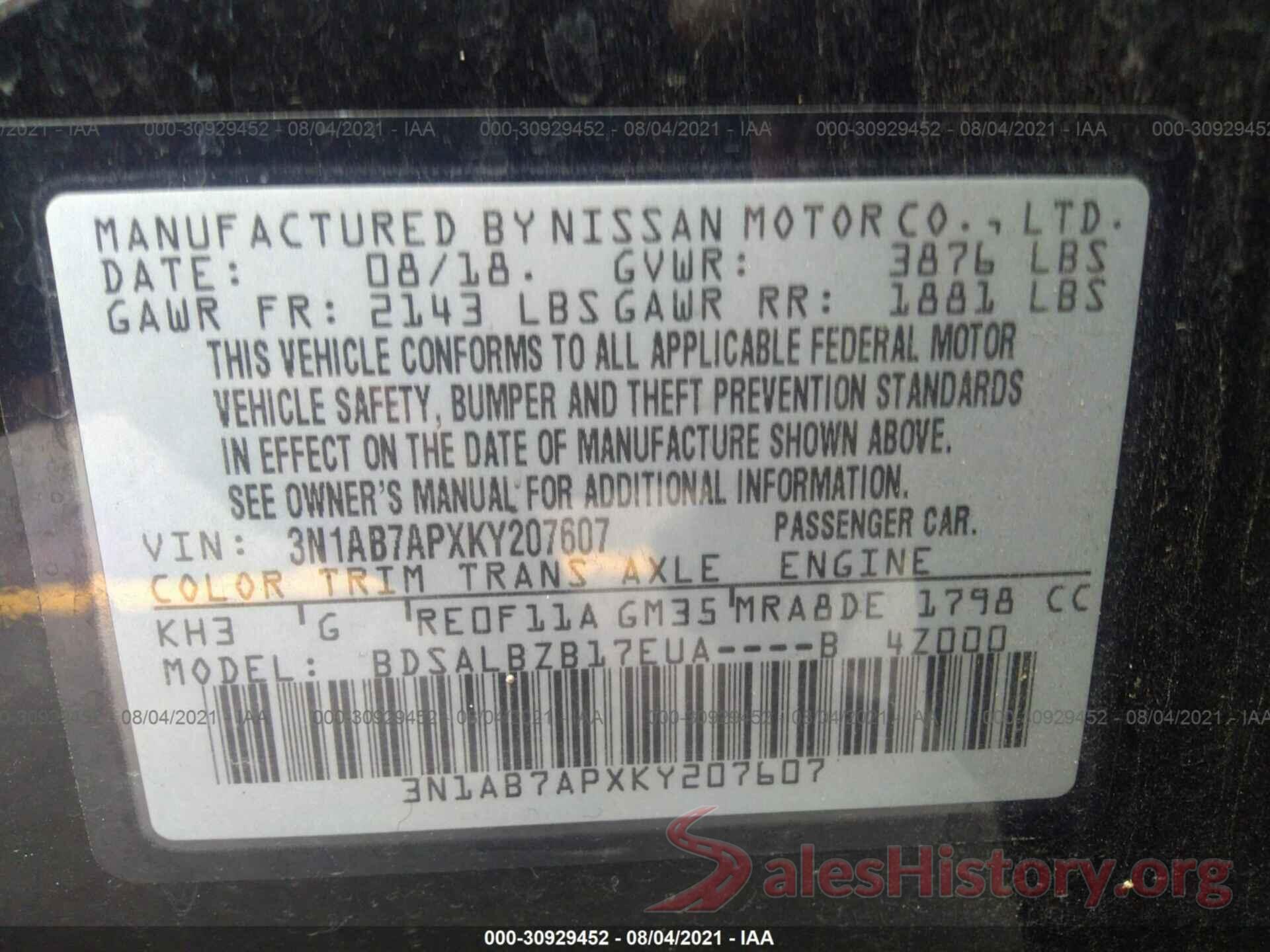 3N1AB7APXKY207607 2019 NISSAN SENTRA