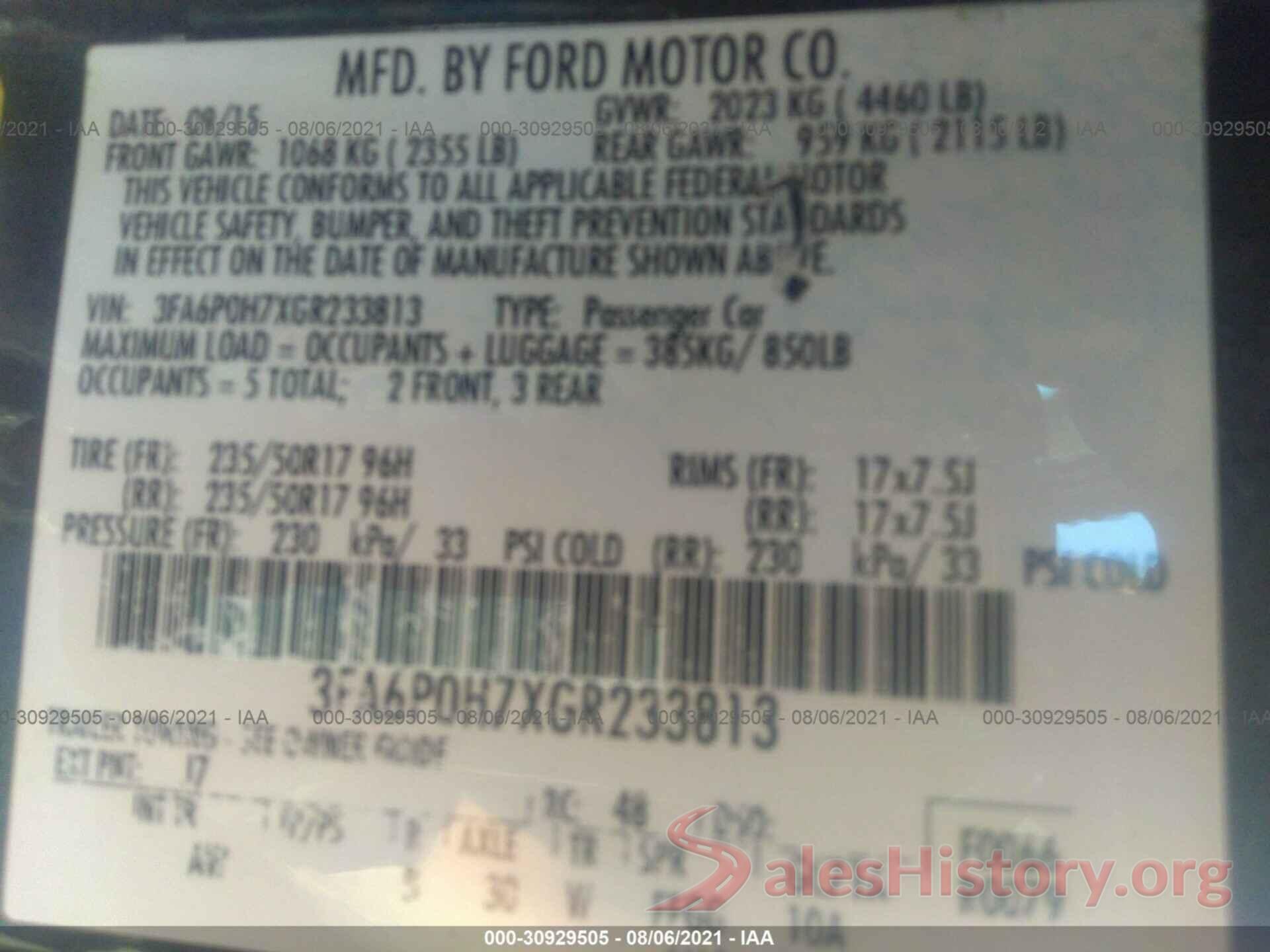 3FA6P0H7XGR233813 2016 FORD FUSION