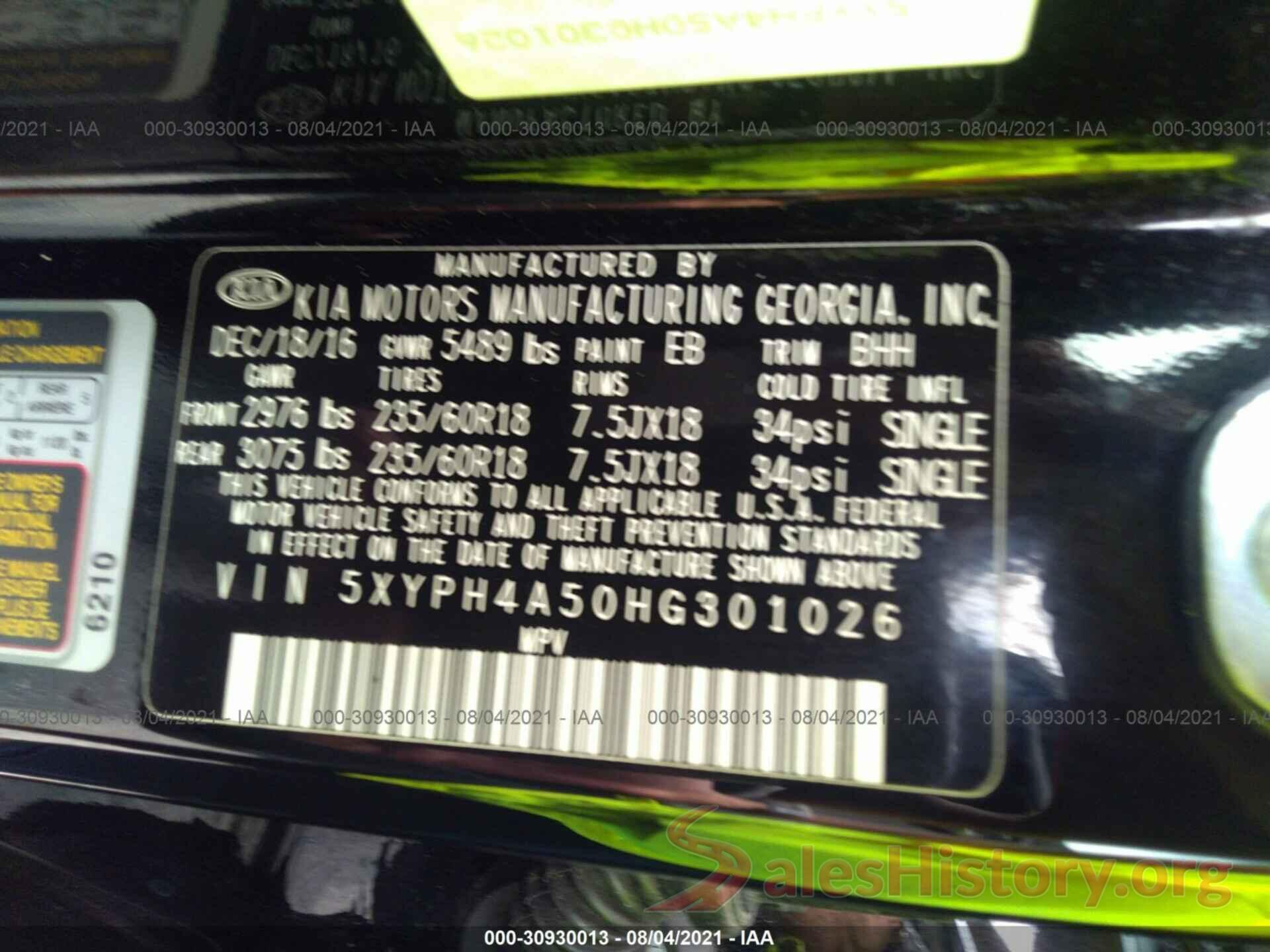 5XYPH4A50HG301026 2017 KIA SORENTO