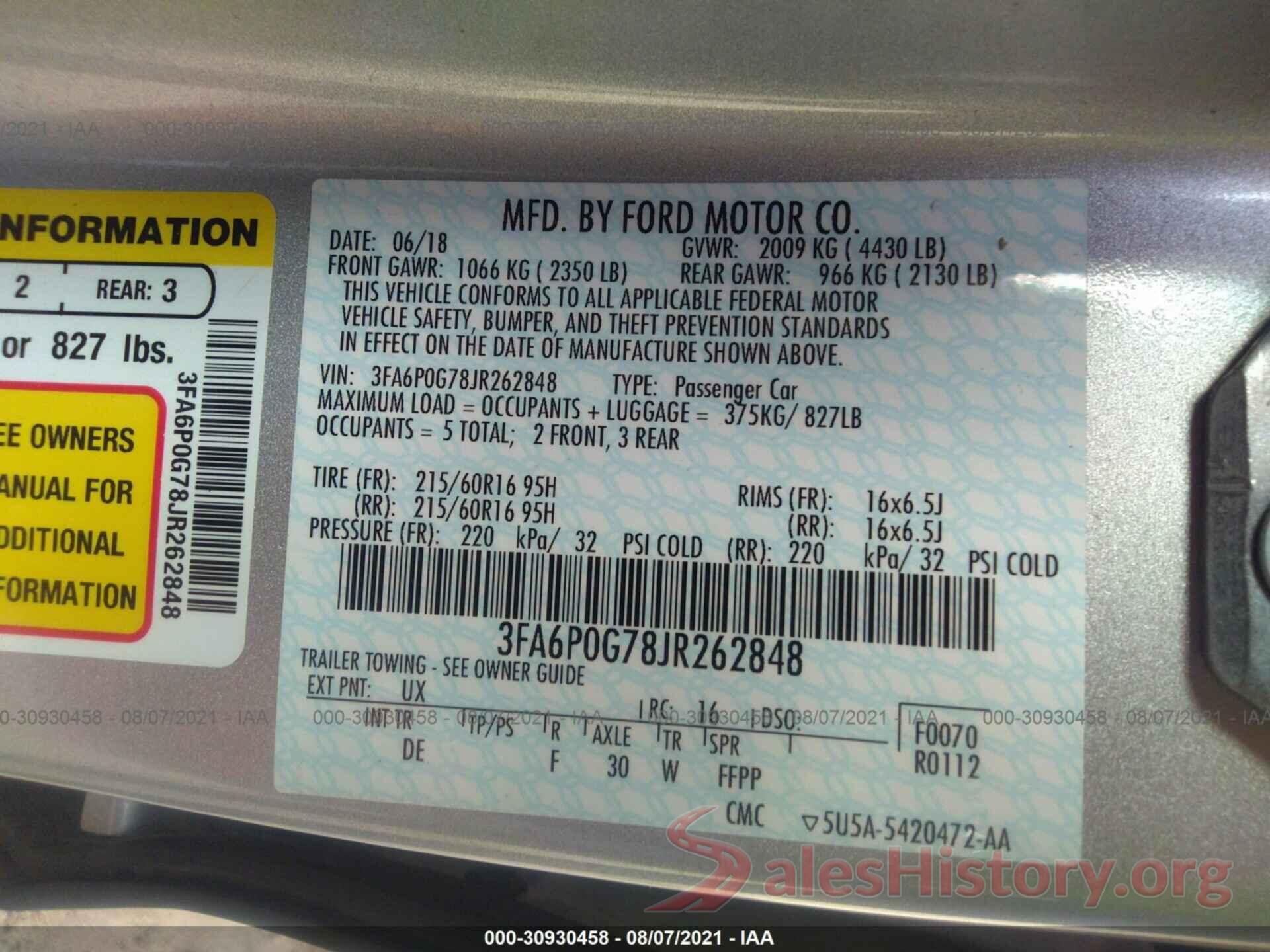 3FA6P0G78JR262848 2018 FORD FUSION