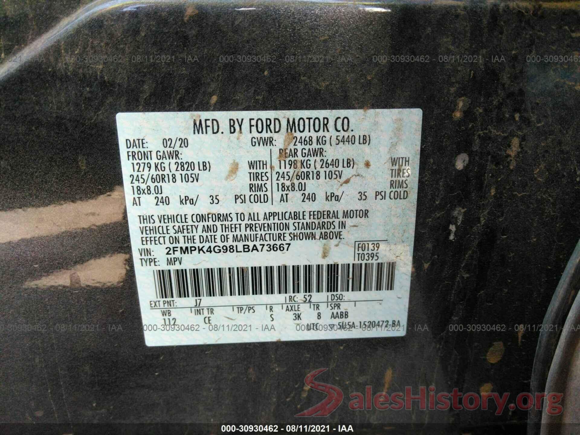 2FMPK4G98LBA73667 2020 FORD EDGE