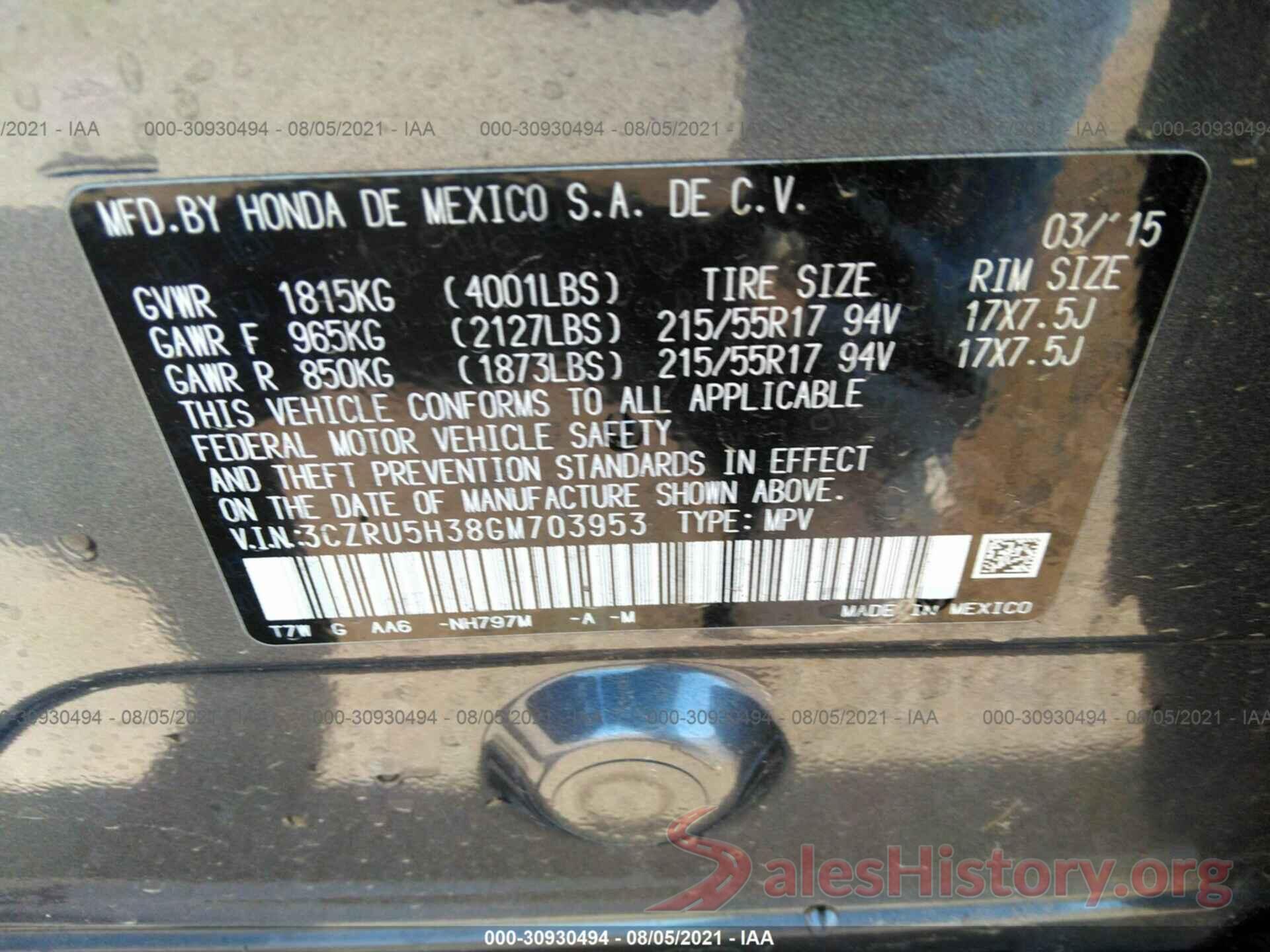 3CZRU5H38GM703953 2016 HONDA HR-V