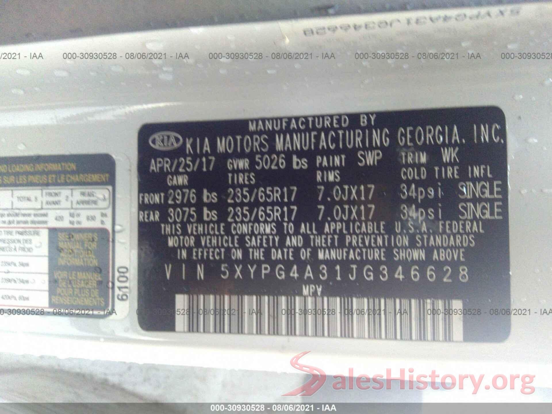 5XYPG4A31JG346628 2018 KIA SORENTO