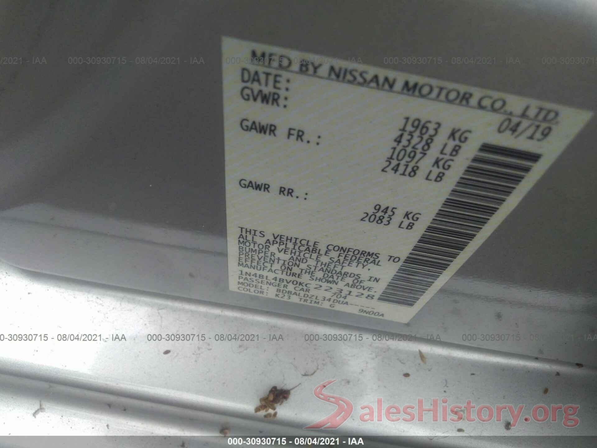 1N4BL4BV0KC223128 2019 NISSAN ALTIMA