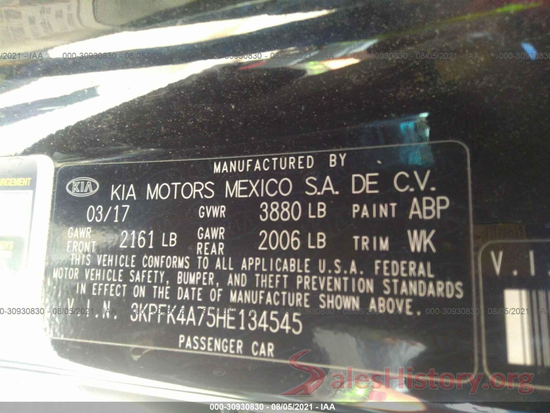 3KPFK4A75HE134545 2017 KIA FORTE