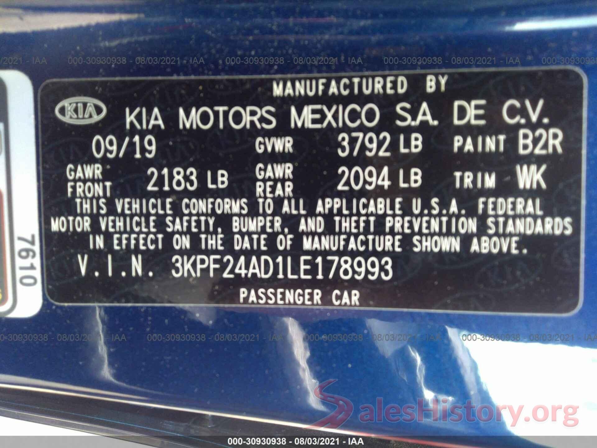 3KPF24AD1LE178993 2020 KIA FORTE