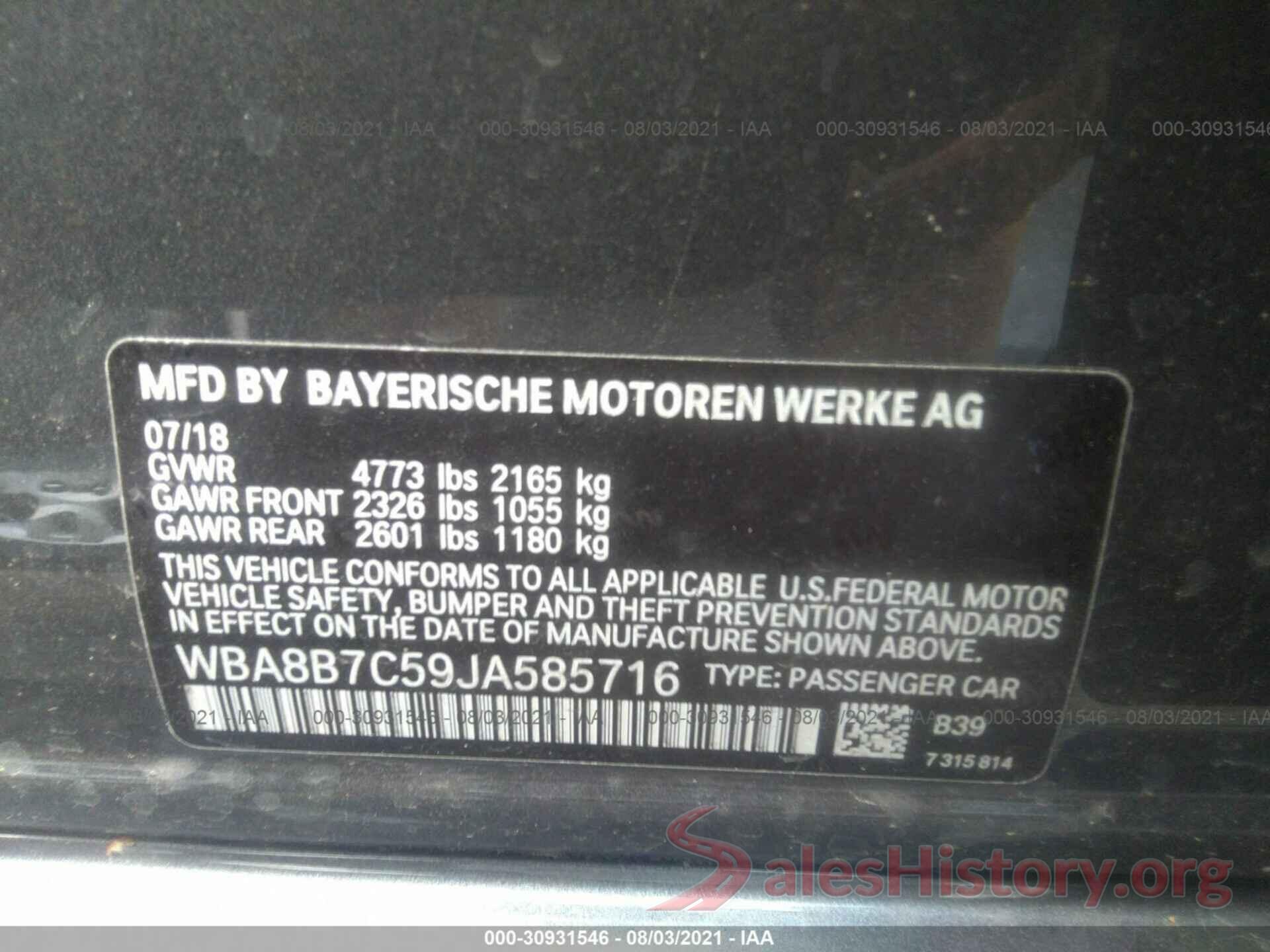 WBA8B7C59JA585716 2018 BMW 3 SERIES