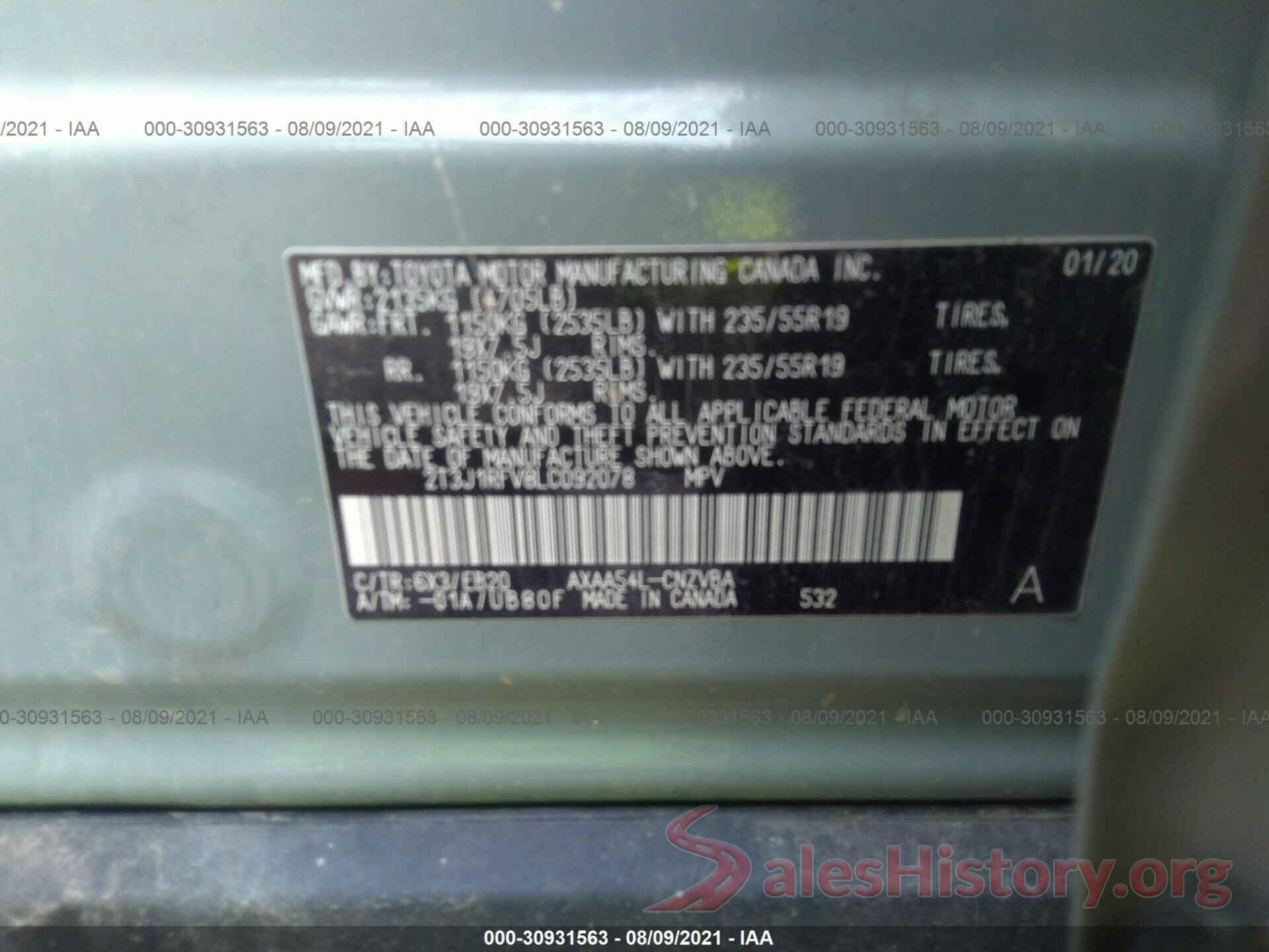 2T3J1RFV8LC092078 2020 TOYOTA RAV4