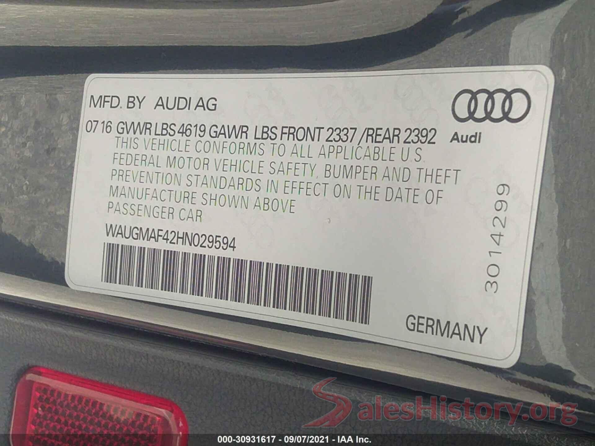 WAUGMAF42HN029594 2017 AUDI A4