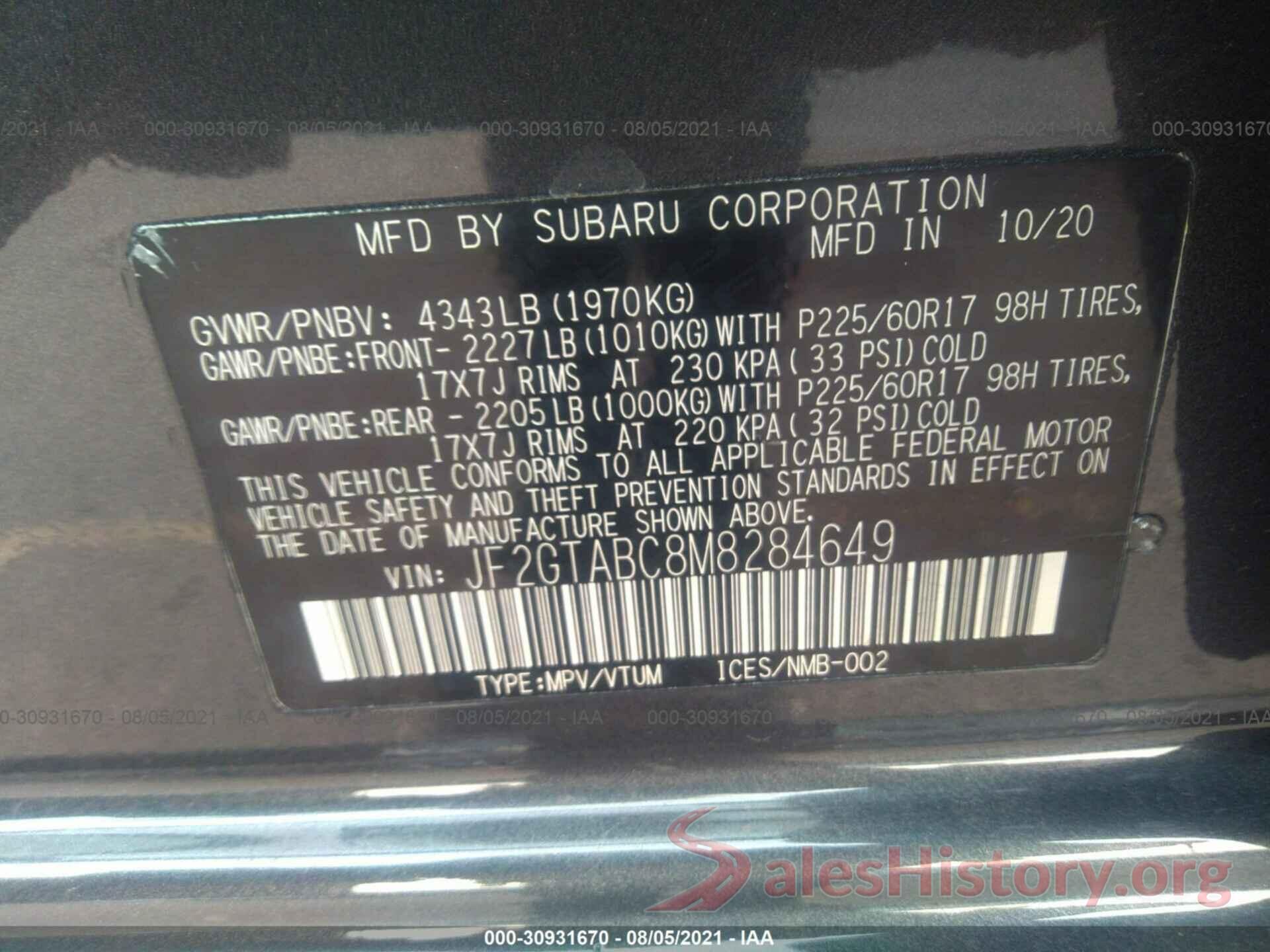 JF2GTABC8M8284649 2021 SUBARU CROSSTREK