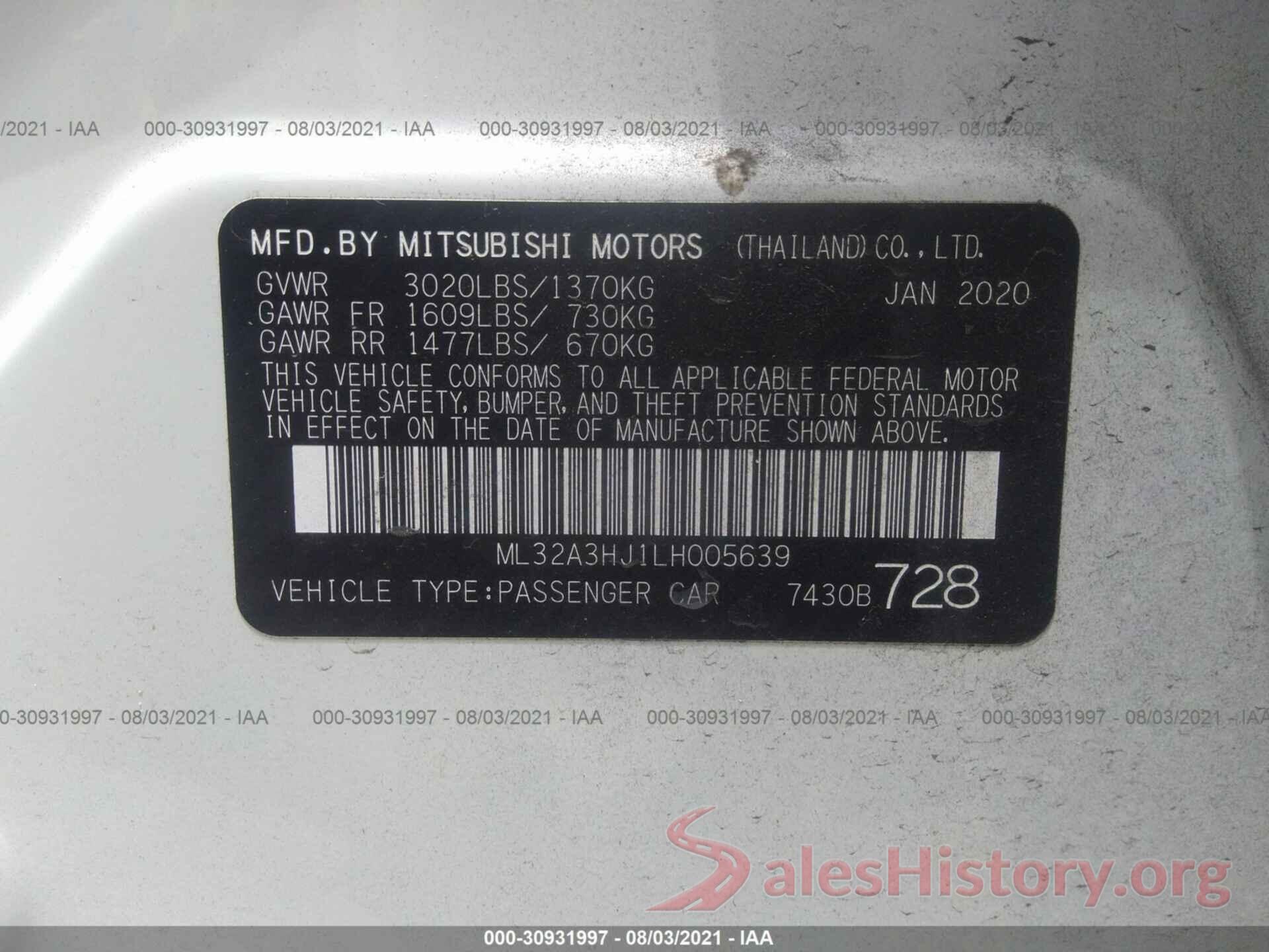 ML32A3HJ1LH005639 2020 MITSUBISHI MIRAGE