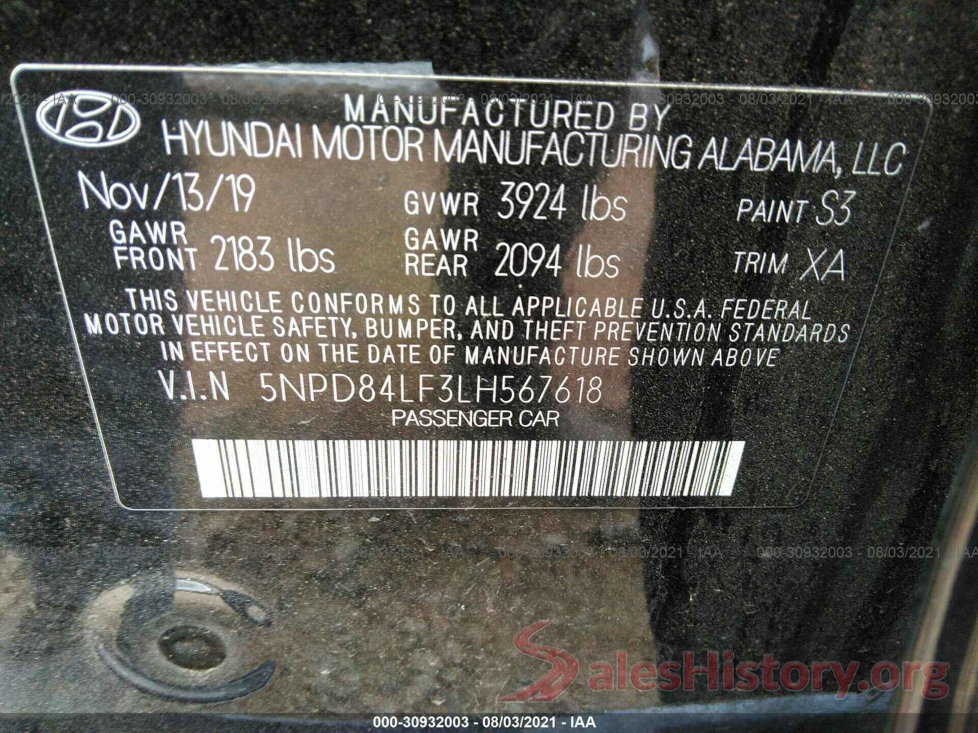 5NPD84LF3LH567618 2020 HYUNDAI ELANTRA