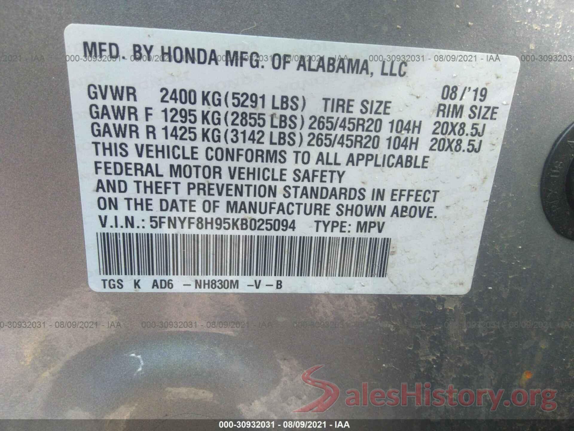 5FNYF8H95KB025094 2019 HONDA PASSPORT