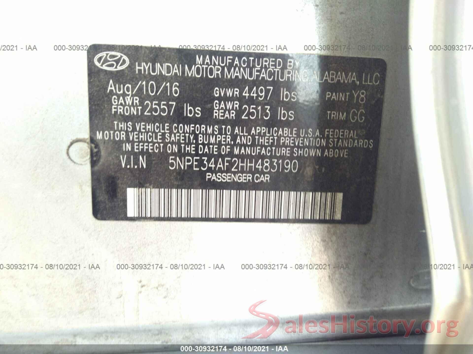 5NPE34AF2HH483190 2017 HYUNDAI SONATA