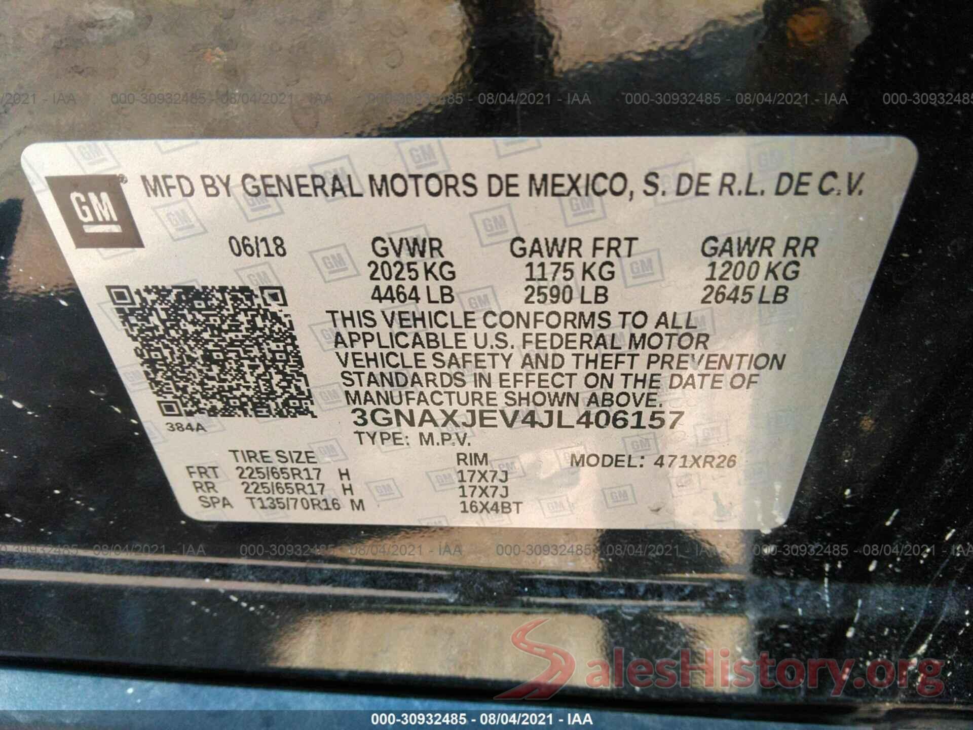 3GNAXJEV4JL406157 2018 CHEVROLET EQUINOX