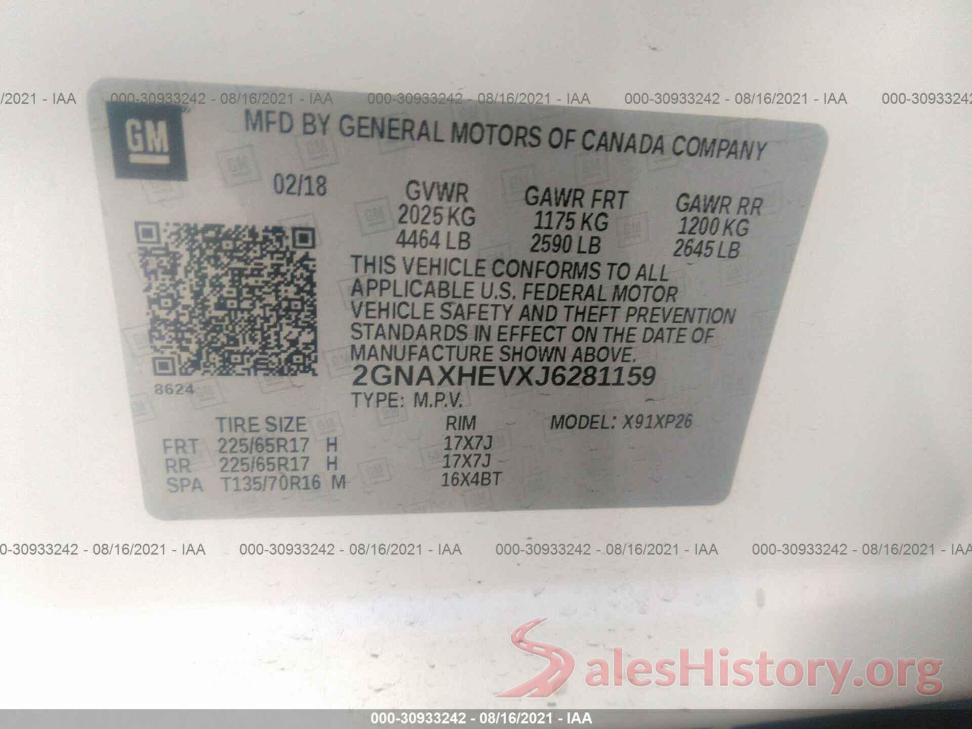 2GNAXHEVXJ6281159 2018 CHEVROLET EQUINOX