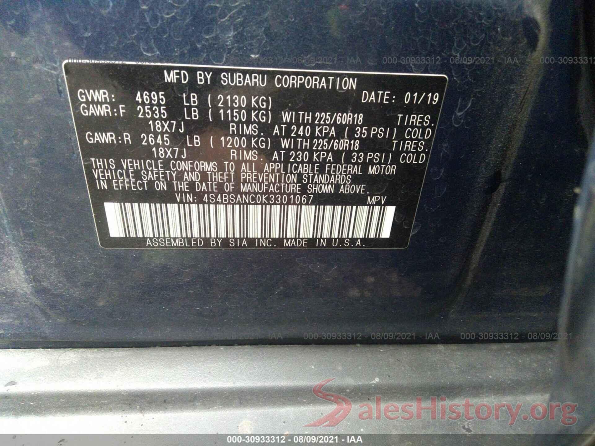 4S4BSANC0K3301067 2019 SUBARU OUTBACK