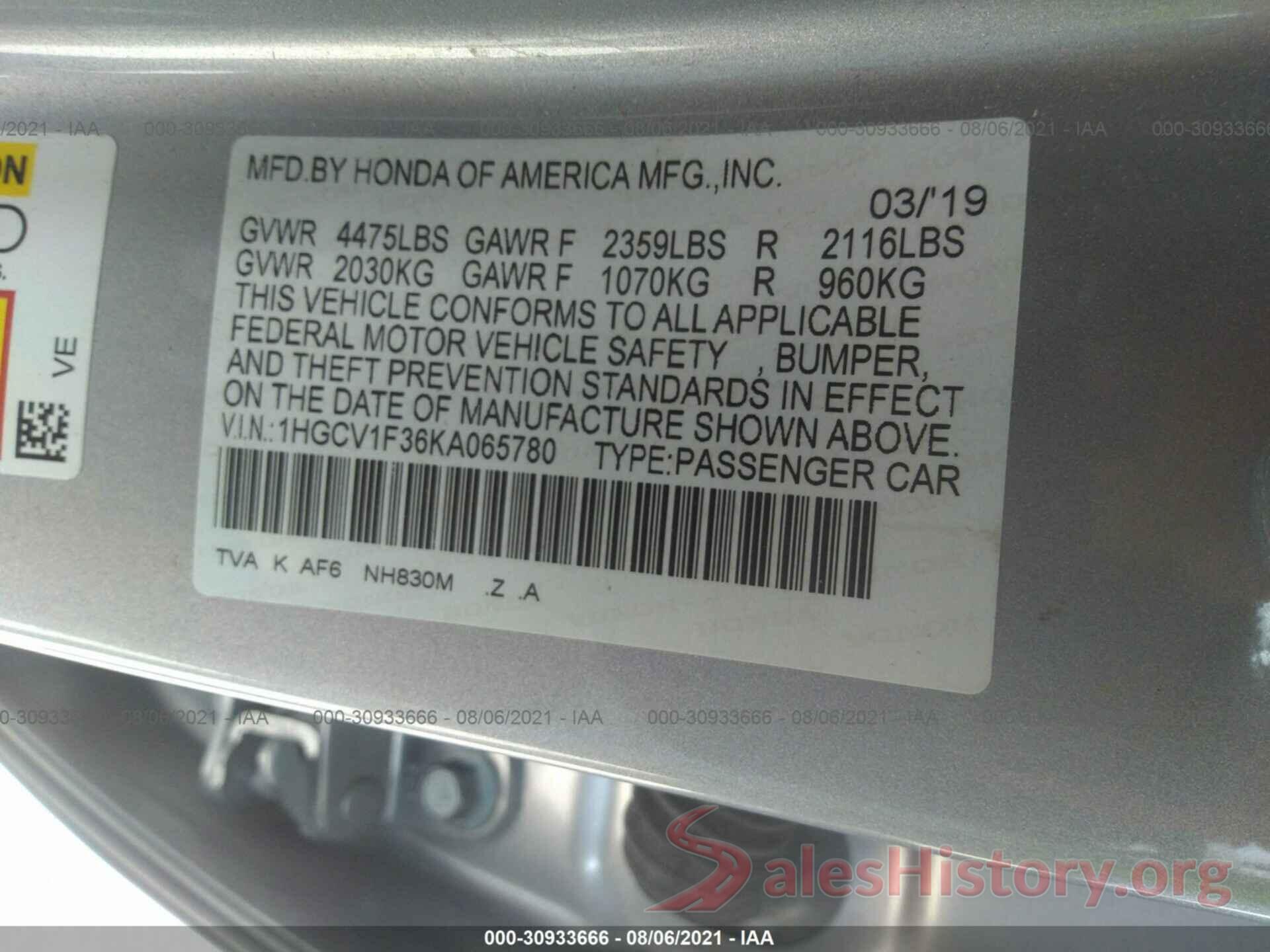 1HGCV1F36KA065780 2019 HONDA ACCORD SEDAN