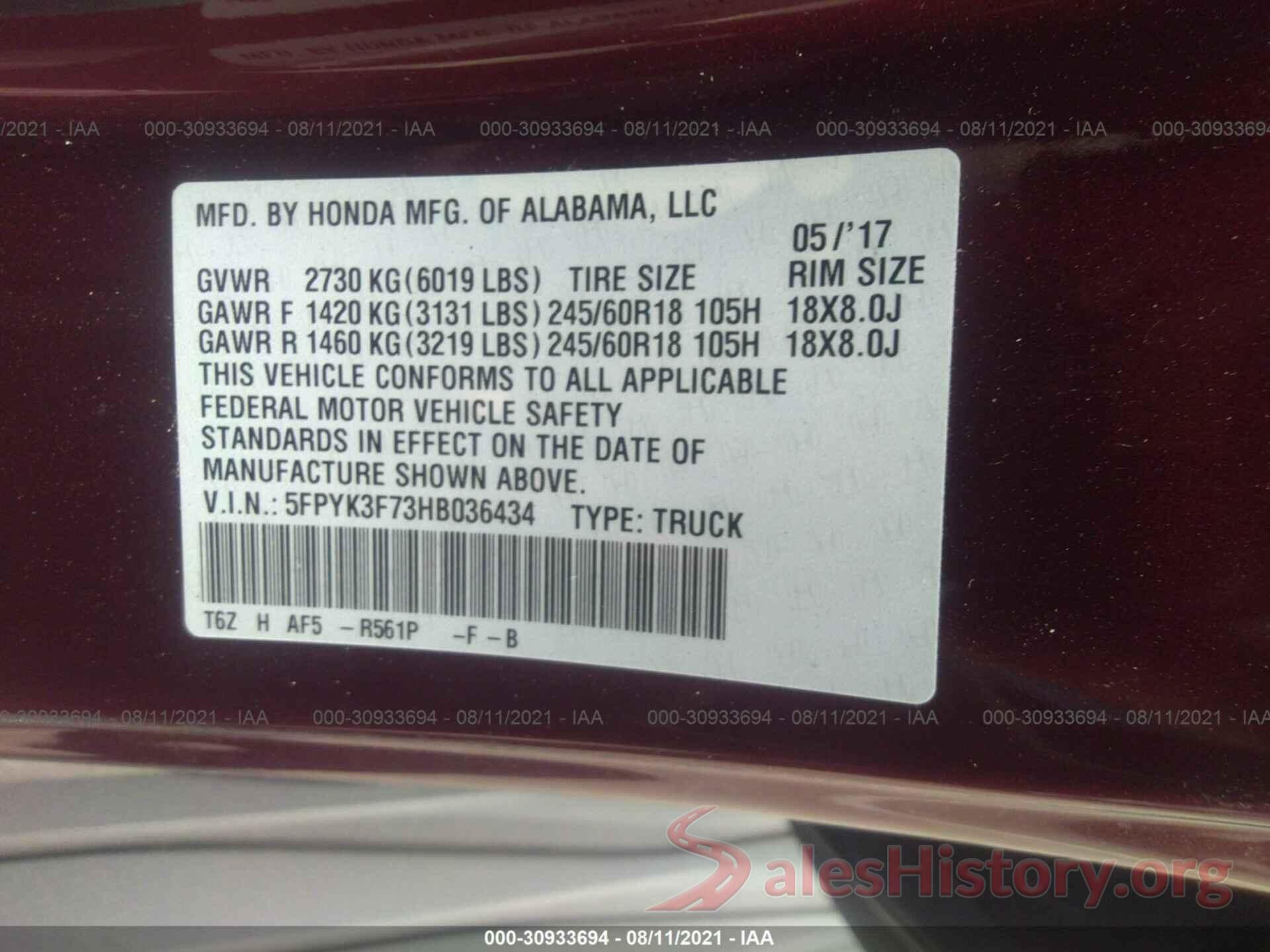 5FPYK3F73HB036434 2017 HONDA RIDGELINE