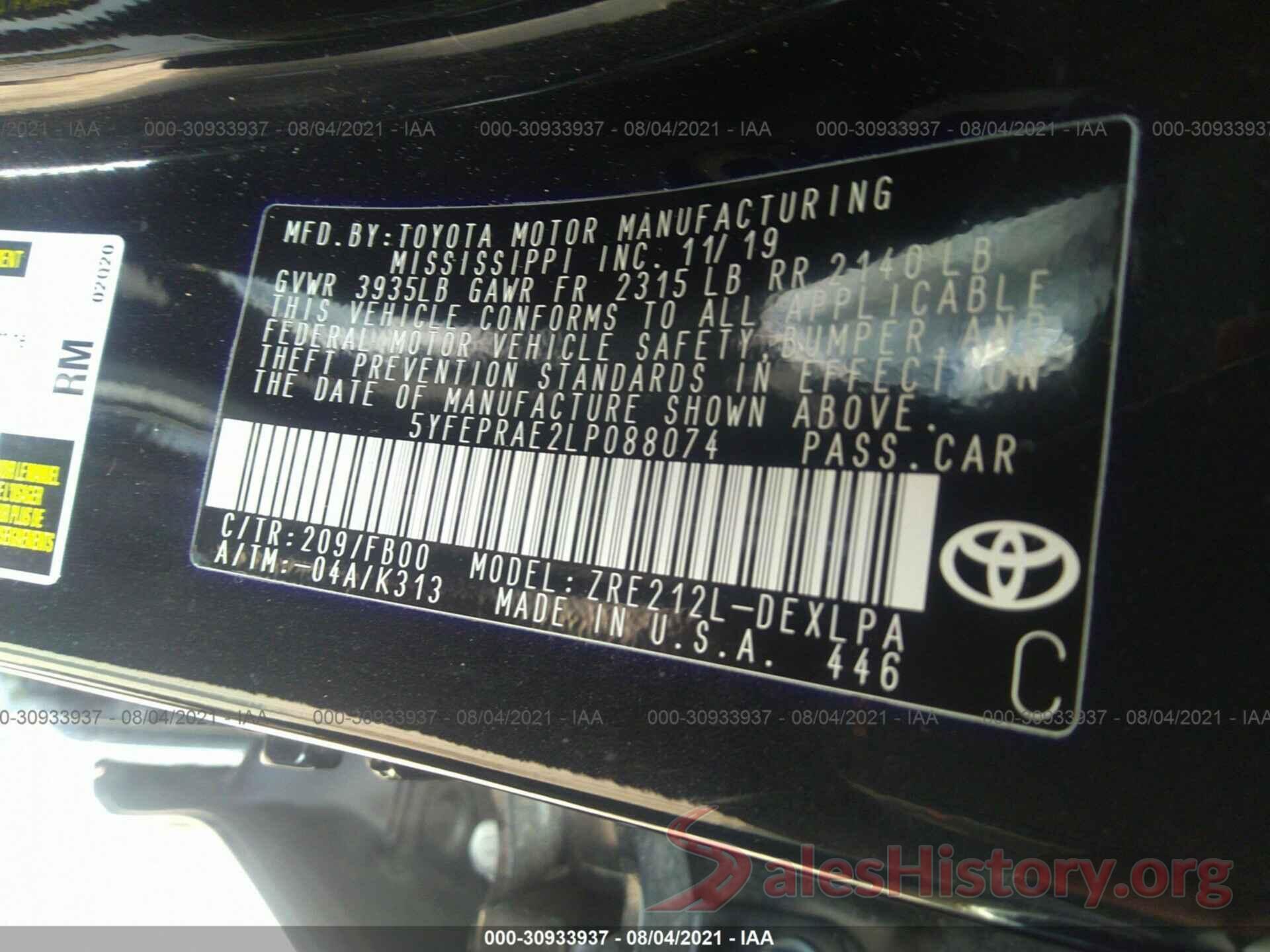 5YFEPRAE2LP088074 2020 TOYOTA COROLLA