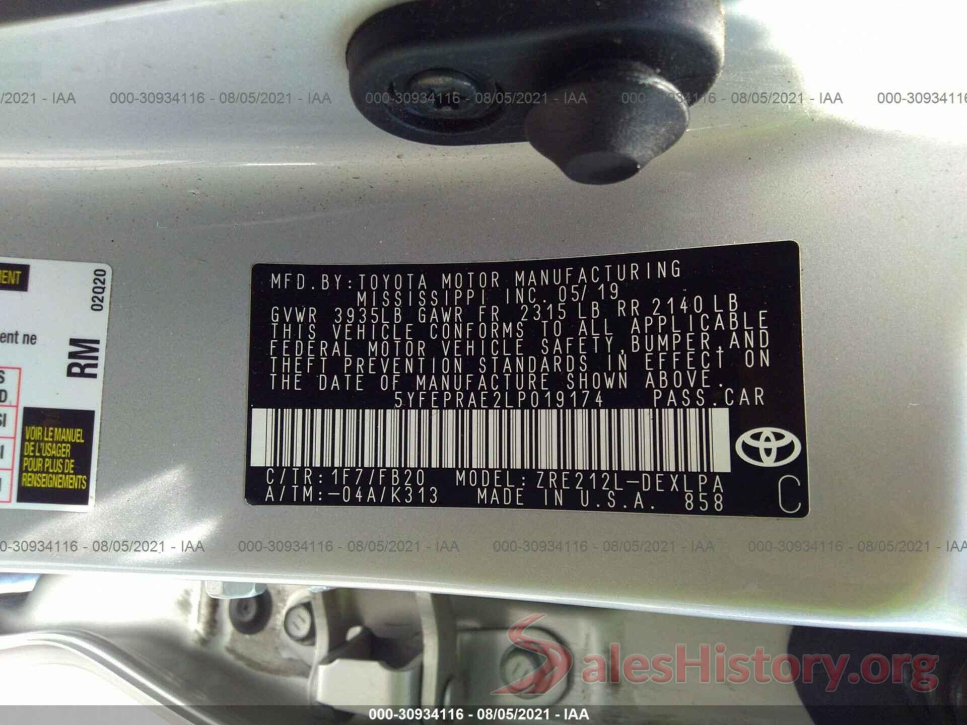 5YFEPRAE2LP019174 2020 TOYOTA COROLLA