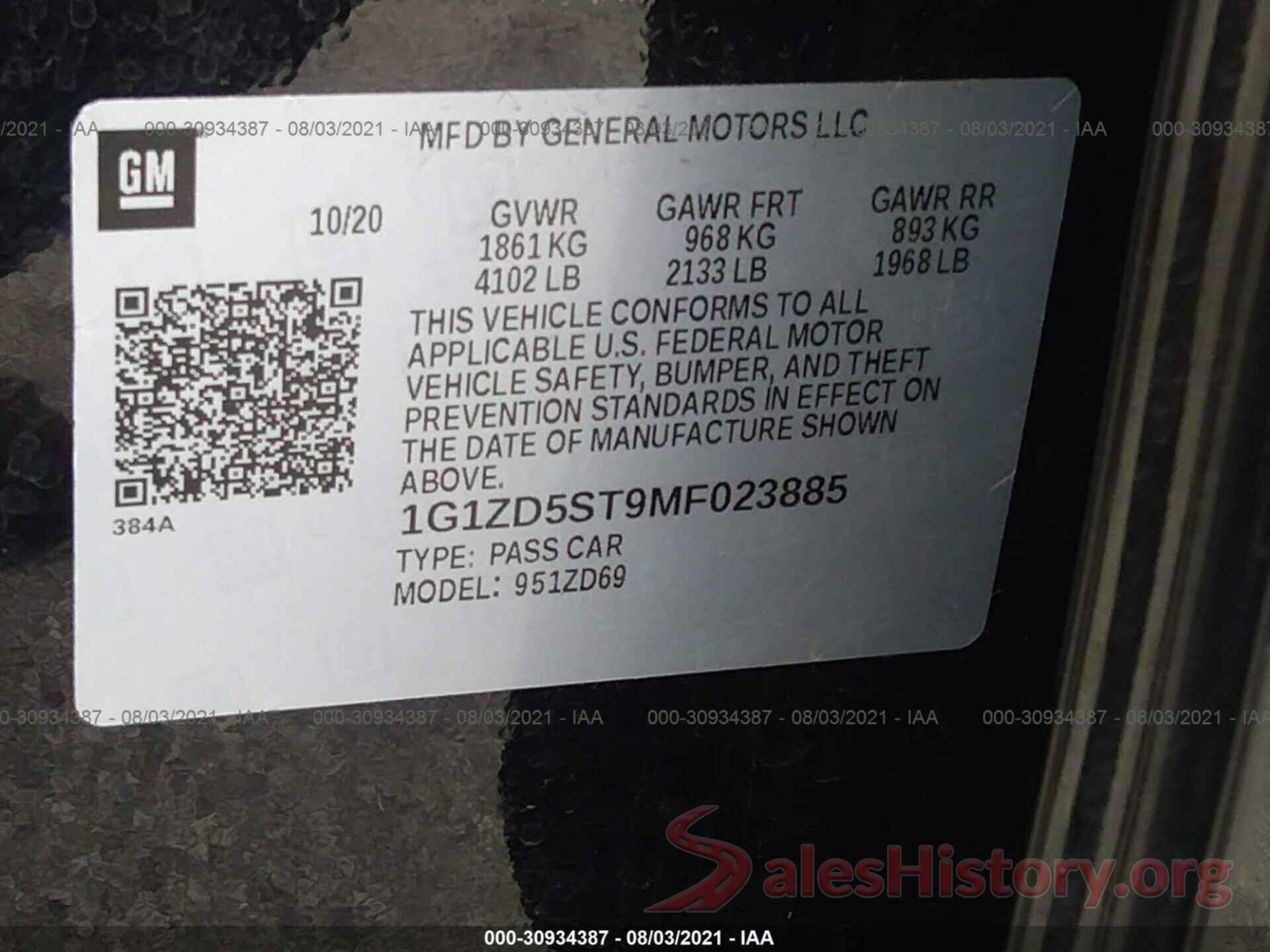 1G1ZD5ST9MF023885 2021 CHEVROLET MALIBU