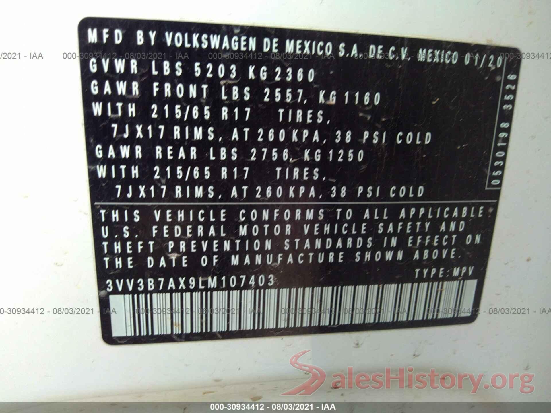 3VV3B7AX9LM107403 2020 VOLKSWAGEN TIGUAN