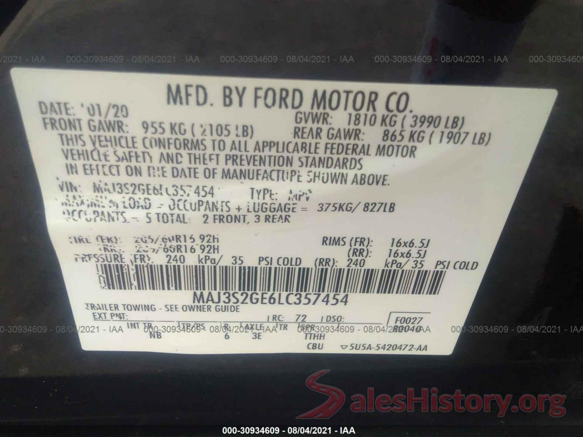 MAJ3S2GE6LC357454 2020 FORD ECOSPORT