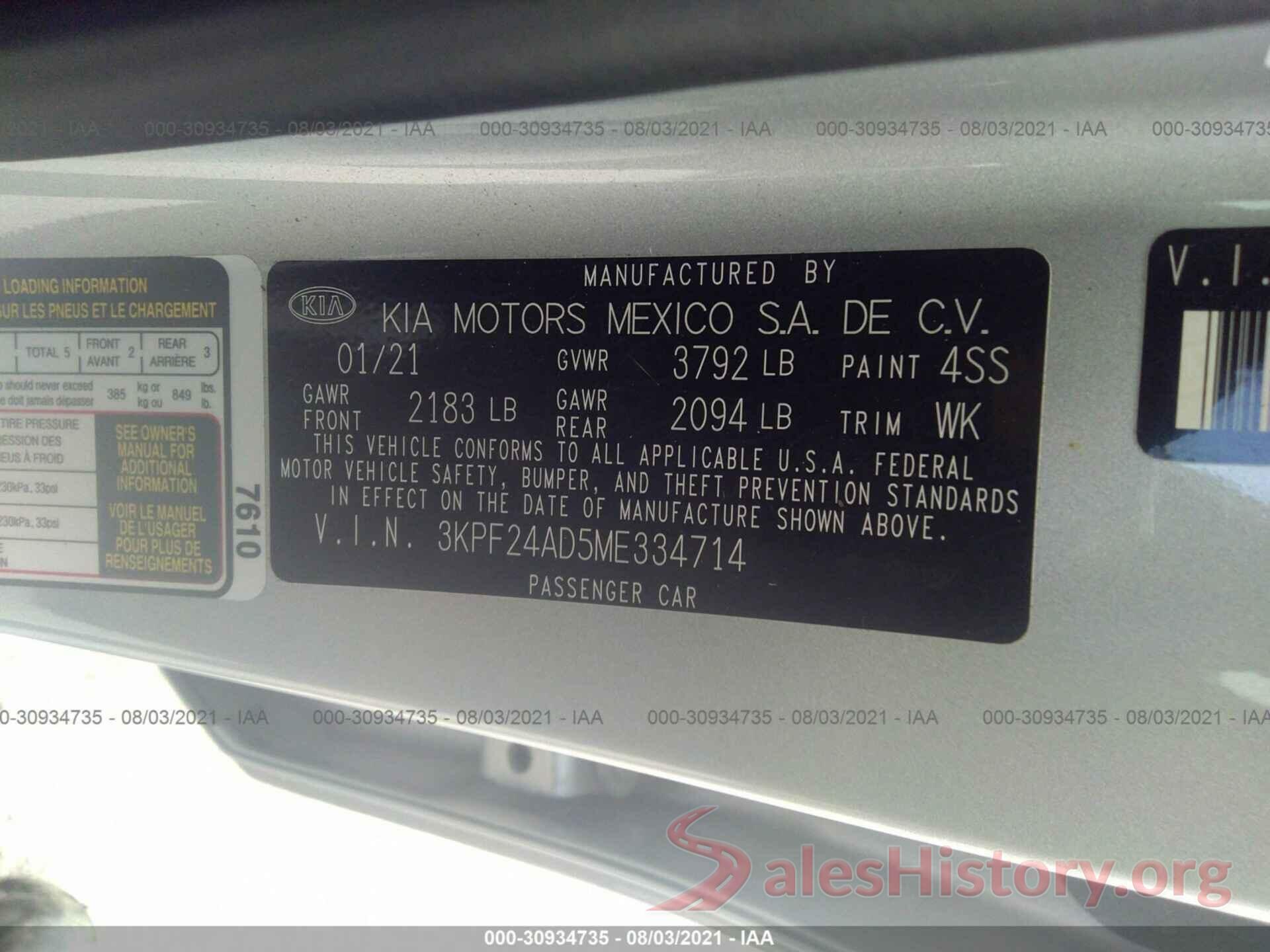 3KPF24AD5ME334714 2021 KIA FORTE